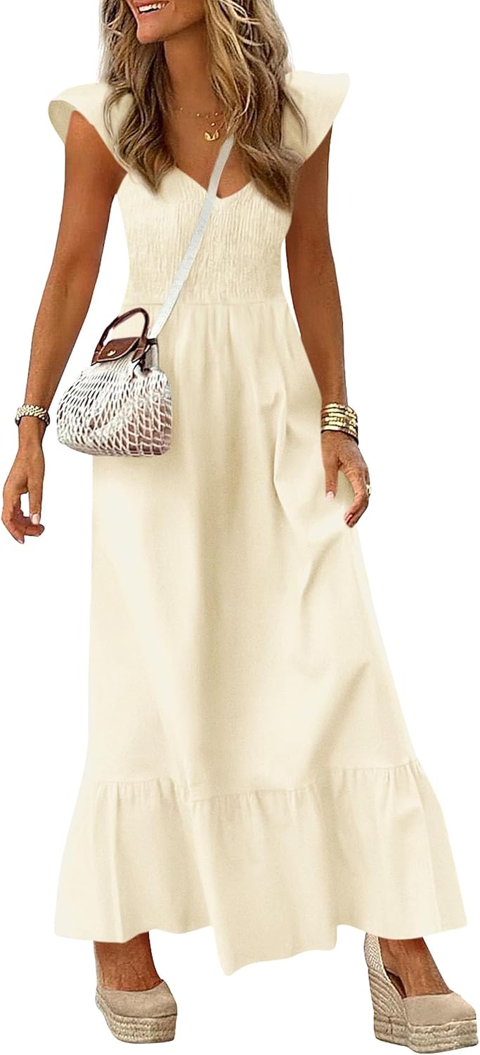 PRETTYGARDEN Women's 2026 Summer Casual Maxi Dresses Cap Sleeve V Neck Smocked Long Pockets Party Sundress Vacation Outfits