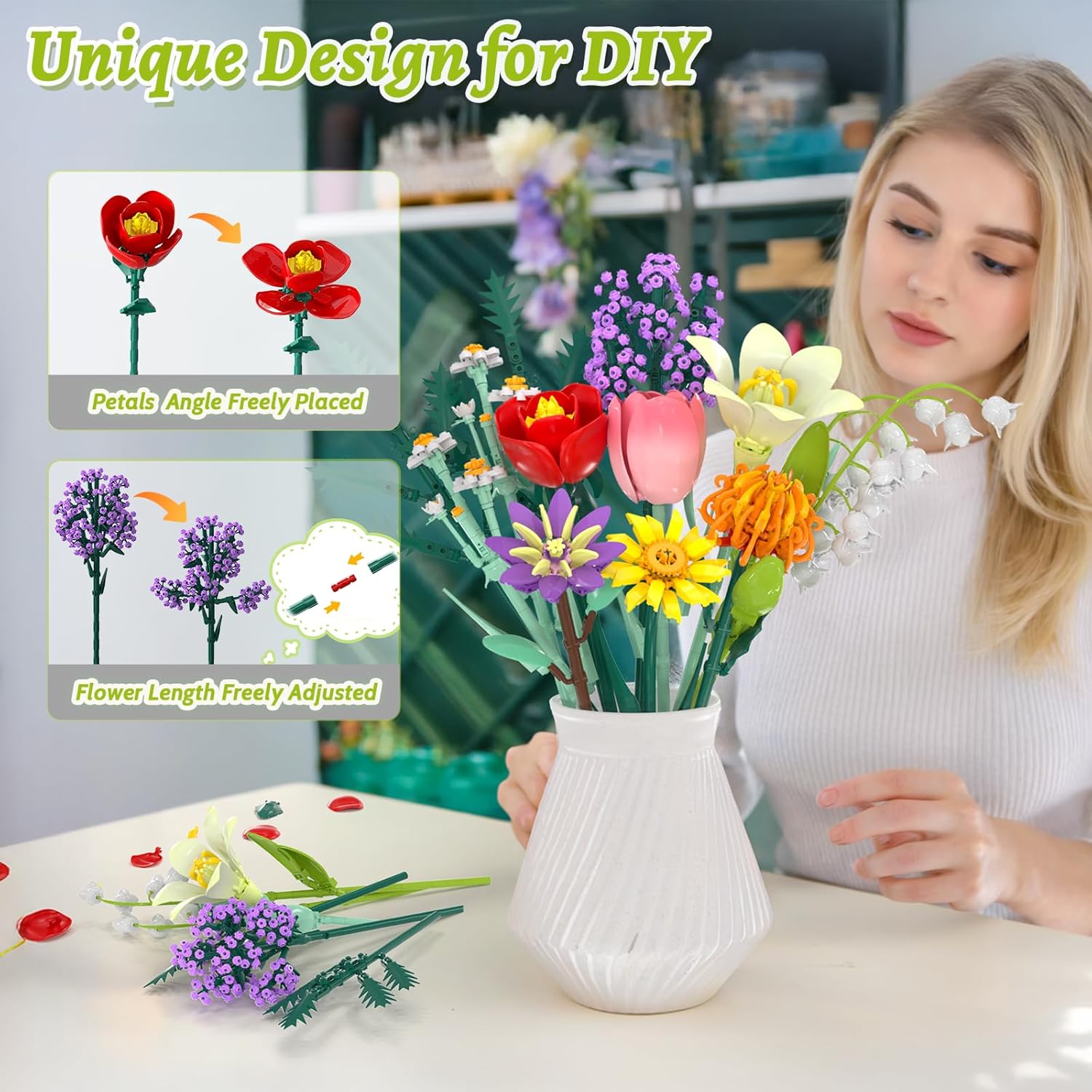 Flowers Bouquet Building Blocks Toy Set, 1000+PCS DIY Artificial Flower Bouquet Building Kit with Rose, Sunflower Wildflower Collection, Birthday Gifts for Adults Women Mom Teen（14+）, Home Decor