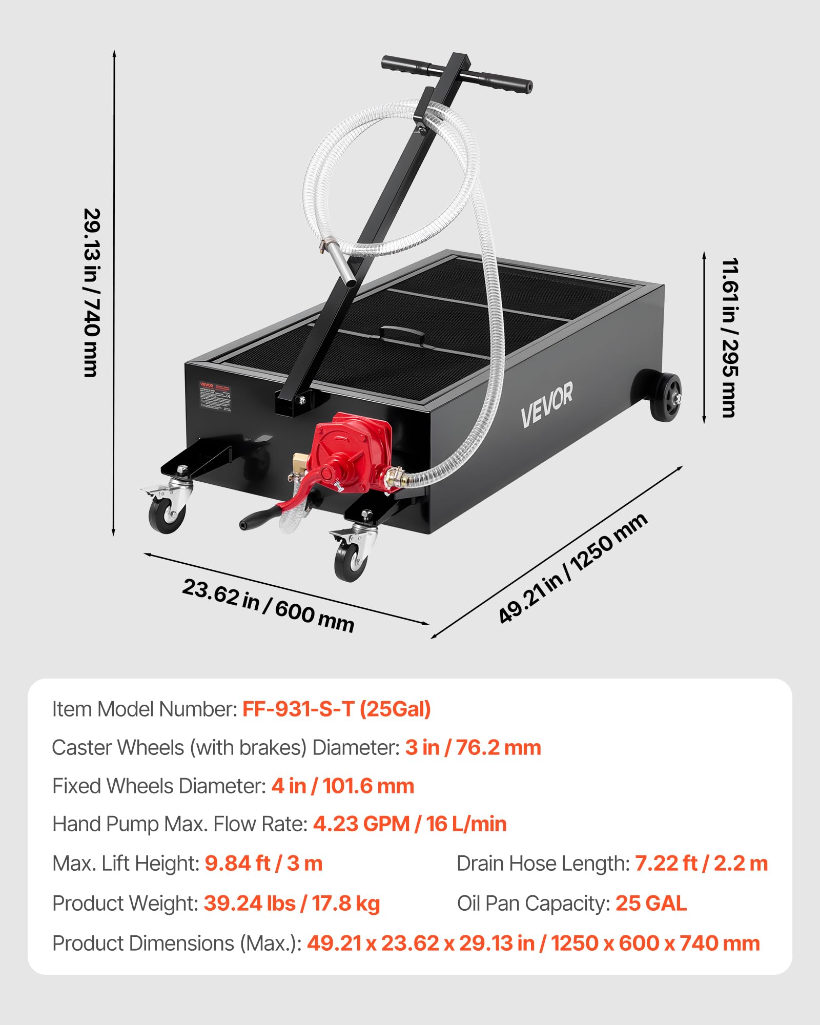 VEVOR Bandeja de Drenaje de Aceite de Perfil Bajo, Capacidad 94,6 L, con Ruedas y Bomba Manual, Manguera de 2,2 m y Asa Plegable en T, Resistente a la Corrosión, para Coches, SUV, Camiones, Negro
