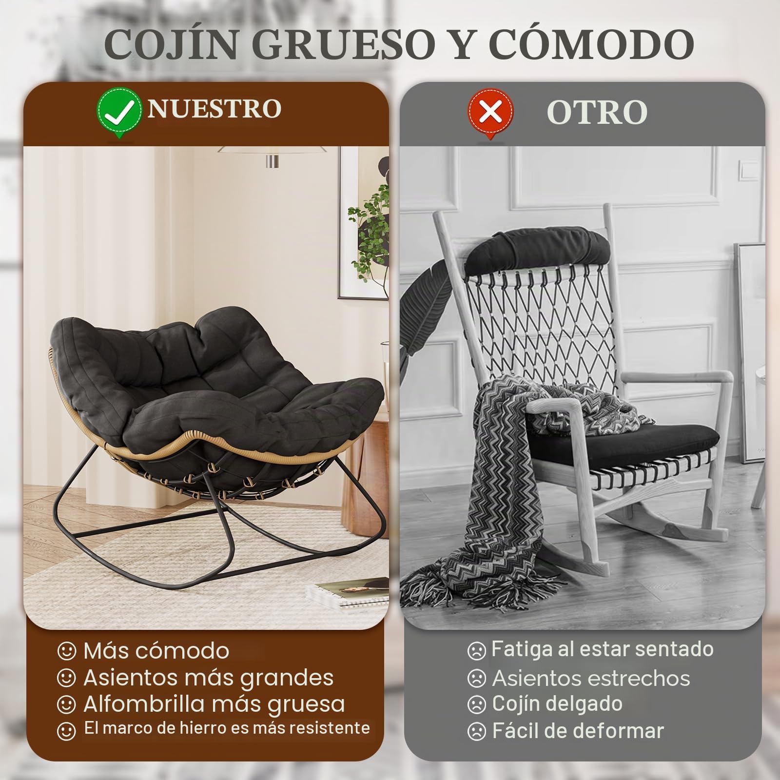 TWSOUL Mecedora para jardín, salón, relax, sillón de ratán, silla mecedora con acolchado, soporta hasta 150 kg, para jardín, dormitorio, salón, balcón (negro)