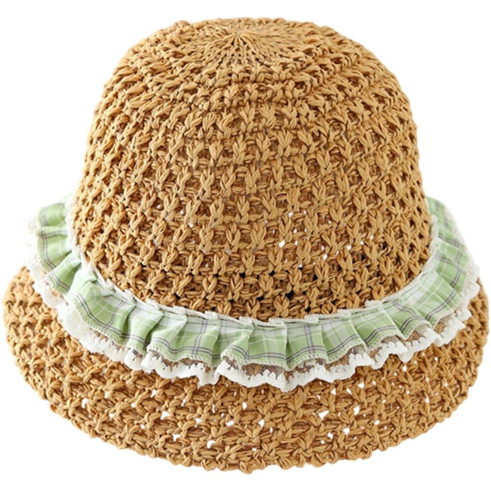Sslvya Ruffles Lace Trim Straw Hat Summer Bucket Hat Fashionable Floppy Sun Cap for Holiday Outdoor Beach Tea Party Headwear