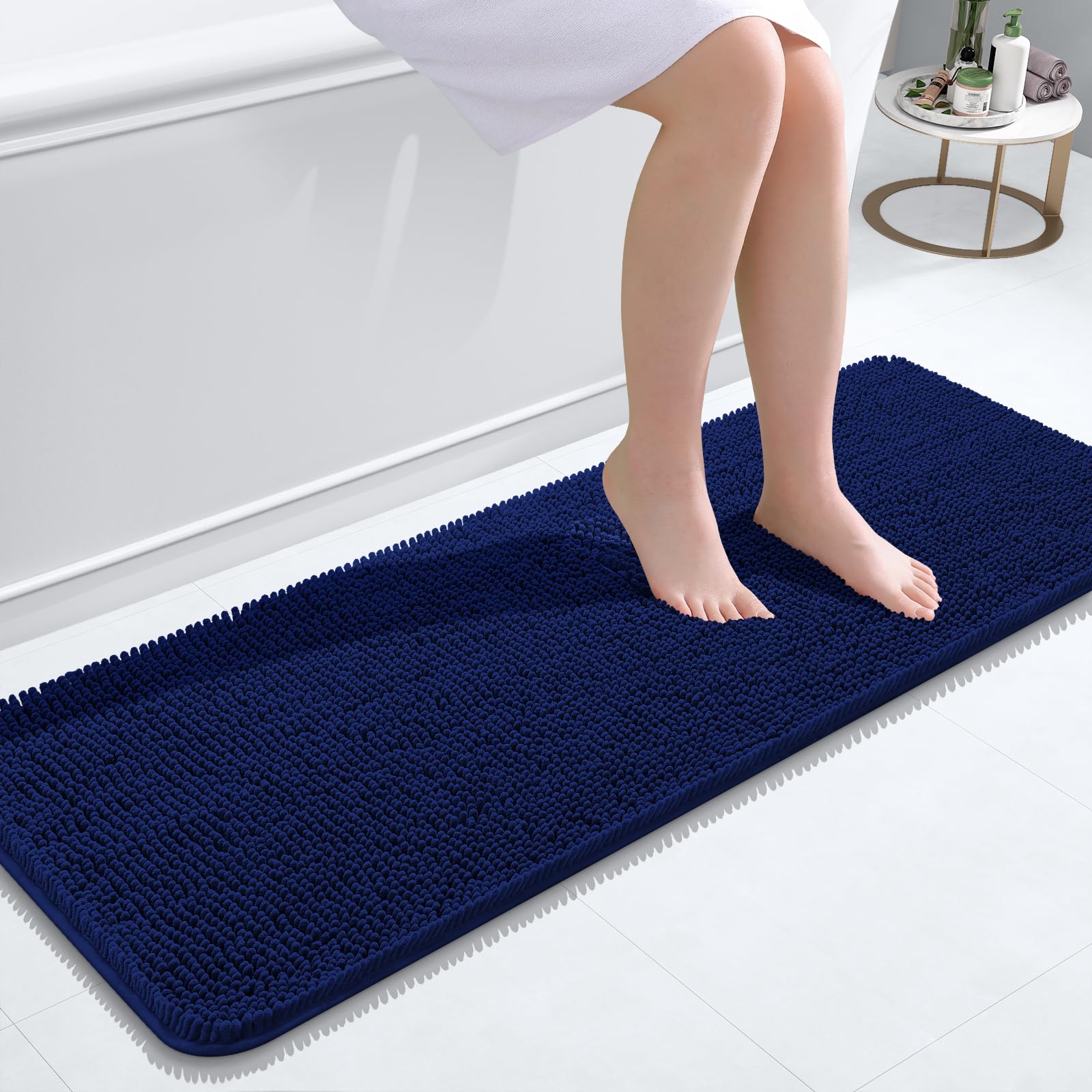 OLANLY Bathroom Runner Rugs 47x17, Extra Soft Absorbent Chenille Bath Rugs, Rubber Backing Quick Dry, Machine Washable Long Bath Mats for Bathroom Floor, Tub and Shower, Home Decor Accessories, Navy — image 1