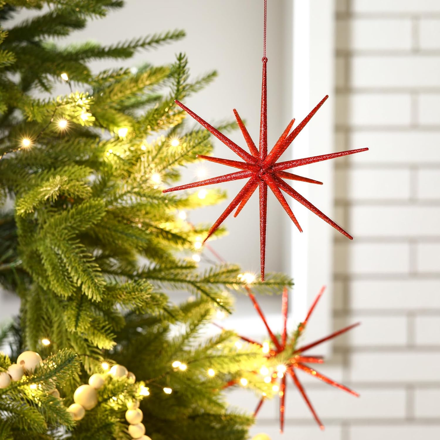 Syhood 6 Pcs Glitter Starburst Star New Year Ornaments 8 Inch Exploding Glitter Starburst Bethlehem Star Hanging Tree Ornaments Tabletop 3D Decor New Year Holiday Party(Red,Classic)