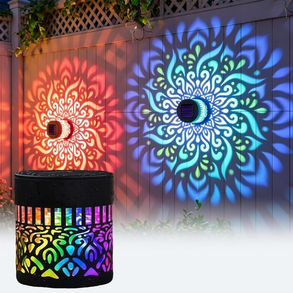 LexTex Mandela Solar Garden Wall Lights, Seven-Color Changing Solar Mandala Projection Fence Light, Waterproof Metal Decorative Lamp for Yard Garden Post Patio Backyard Decor(1pc)