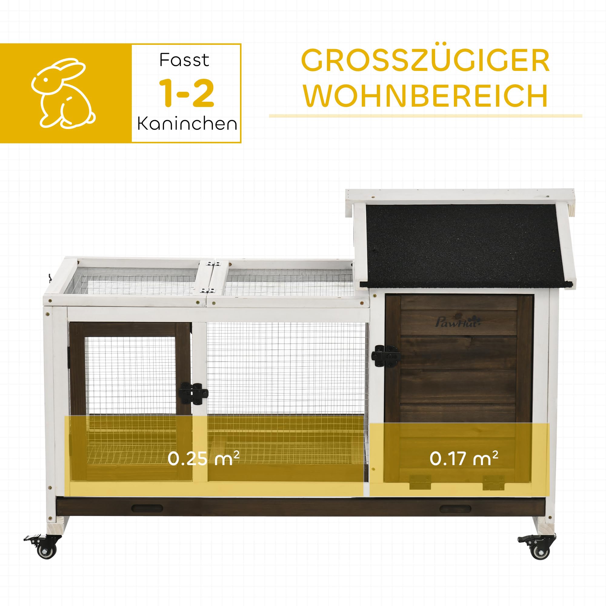 PawHut Zwergkaninchenstall aus Holz mit Rädern 108 x 58 x 73,5 cm Kaffee | Kleintierstall mit Freilaufgehege, Klappdach, Zwergkaninchenkäfig mit Ausziehbarem Tablett, für Indoor, Outdoor