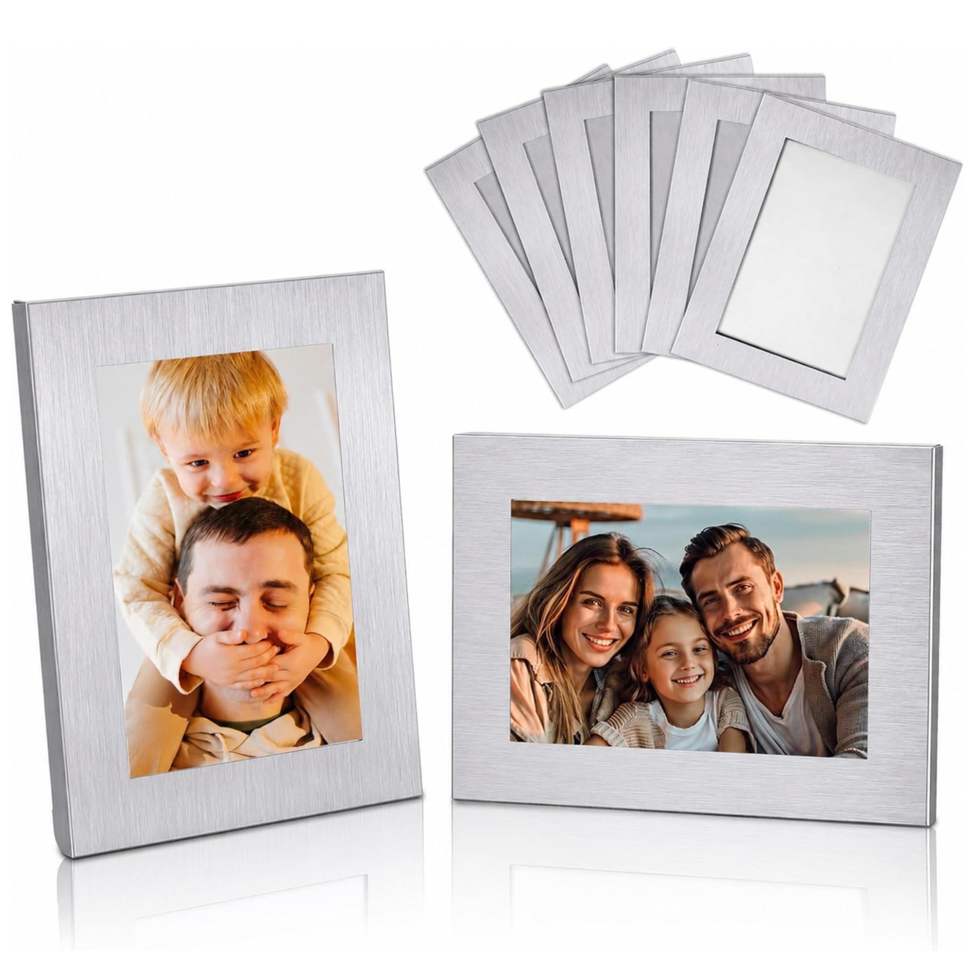 Lineshading Paquete de 6 marcos de fotos de 2.375 x 3.5 pulgadas, marcos de fotos de metal plateado cepillado para fotos escolares, fotos de boda y recuerdos familiares, soporte de mesa o pared