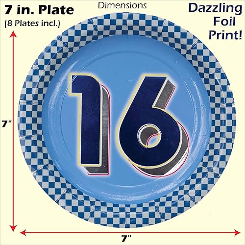 Miniatura 8 de Havercamp Platos de 16 cumpleaños para niños de 7 pulgadas (24 piezas) 24 platos de postre con estampado metálico #16 y bordes de neón.