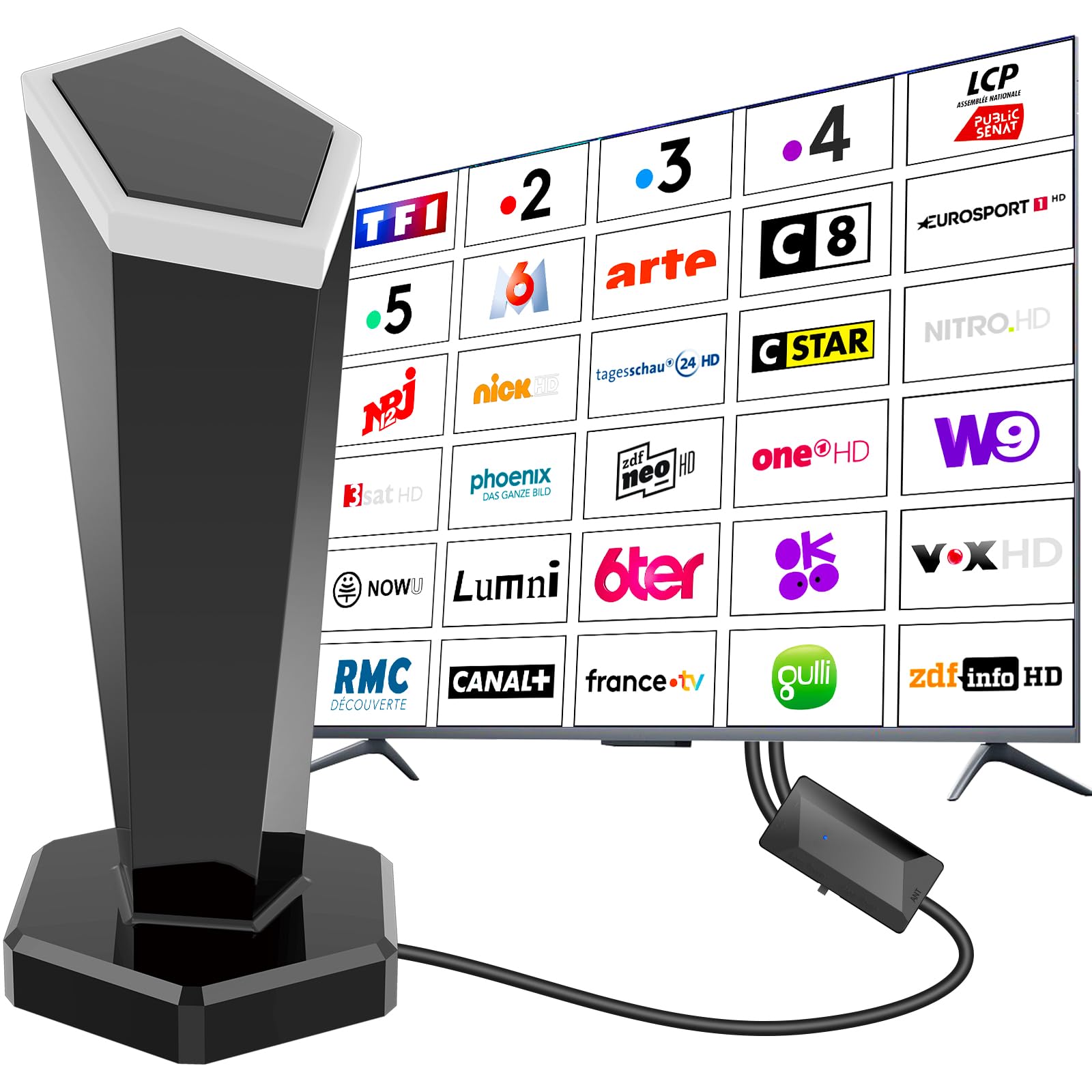 Antenne TV Intérieure Puissante TNT,460+KM Antenne TNT IntéRieur avec Amplificateur de Signal à Gain Élevé,Réception Longue Portée à 360°,Compatible avec Smart TV 4K/1080P/Tous Les TVs