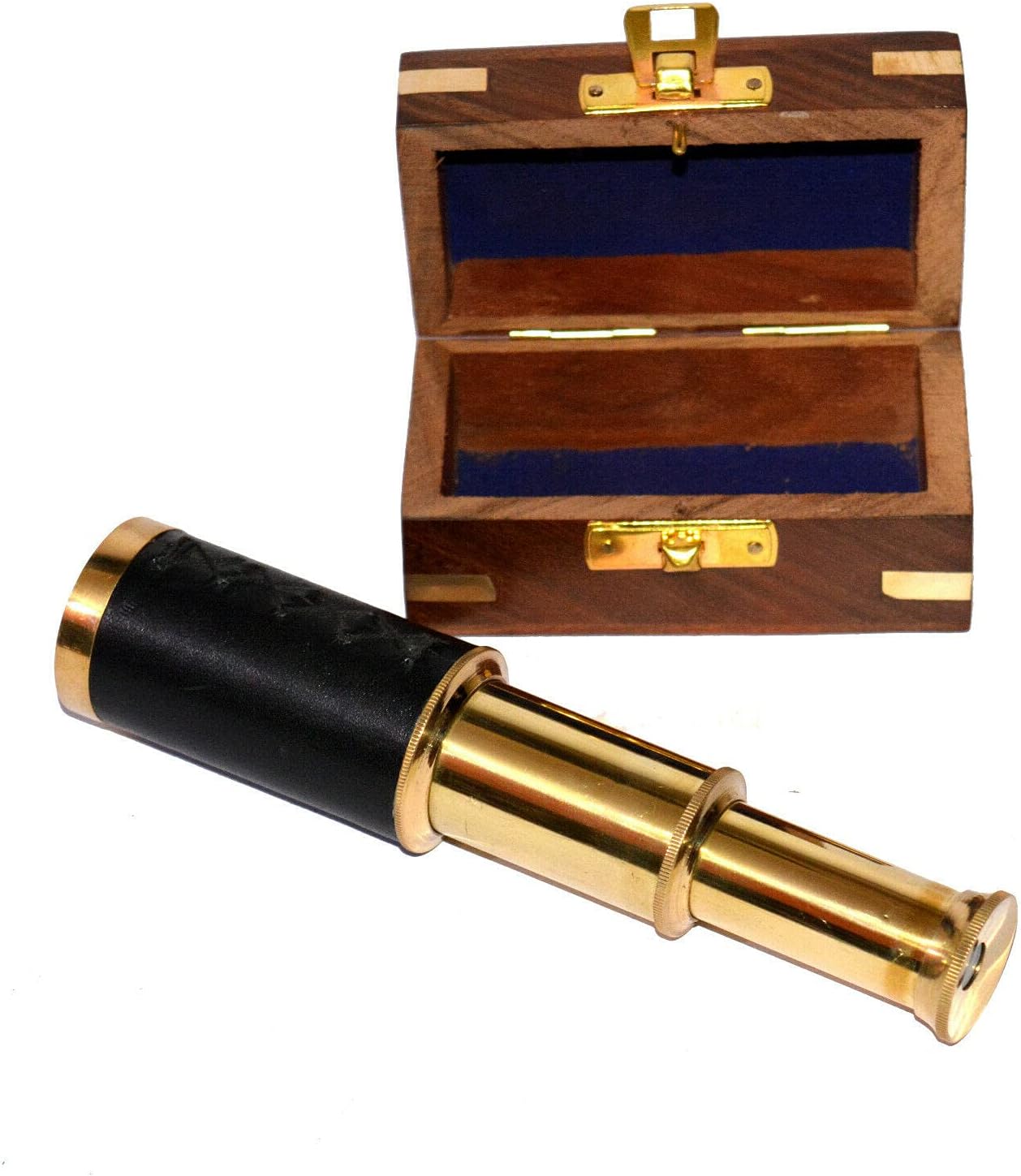Pirate Pocket Telescope Spyglass with Wood Box Black Leather Bounded Shiny Brass Finish Telescope Decorative Gifts for Marine/Sailor/Son/Boys