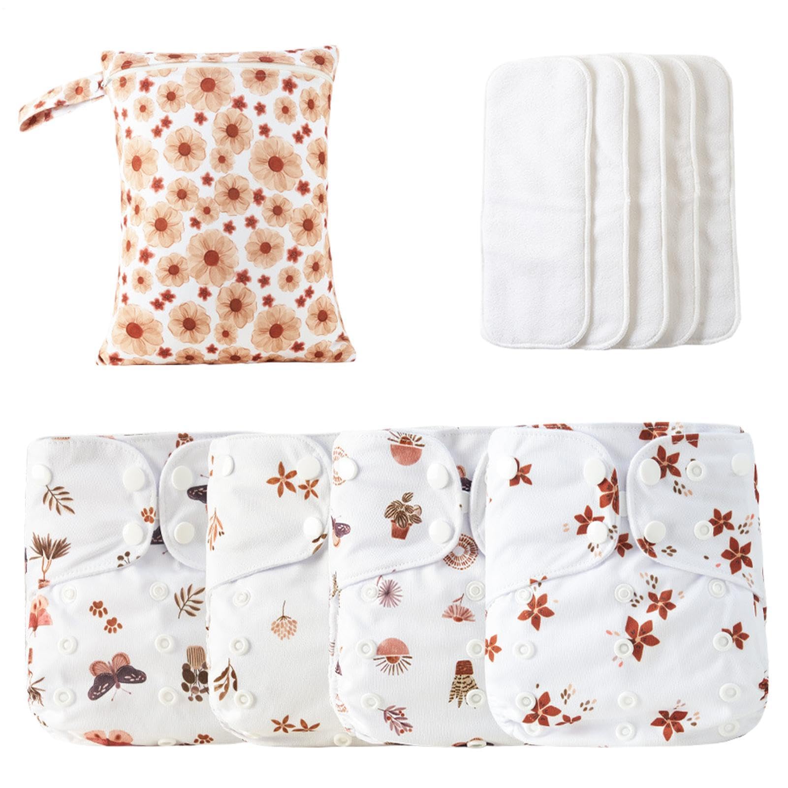 Mehrweg windeln 4er Pack, 4 Einlagen, 1 Nassbeutel, Saugfähig, Atmungsaktiv | Waschbar Wasserdichtes Cover, Druckknopf, Umweltfreundlich, Verstellbar, Einheitsgröße Kind