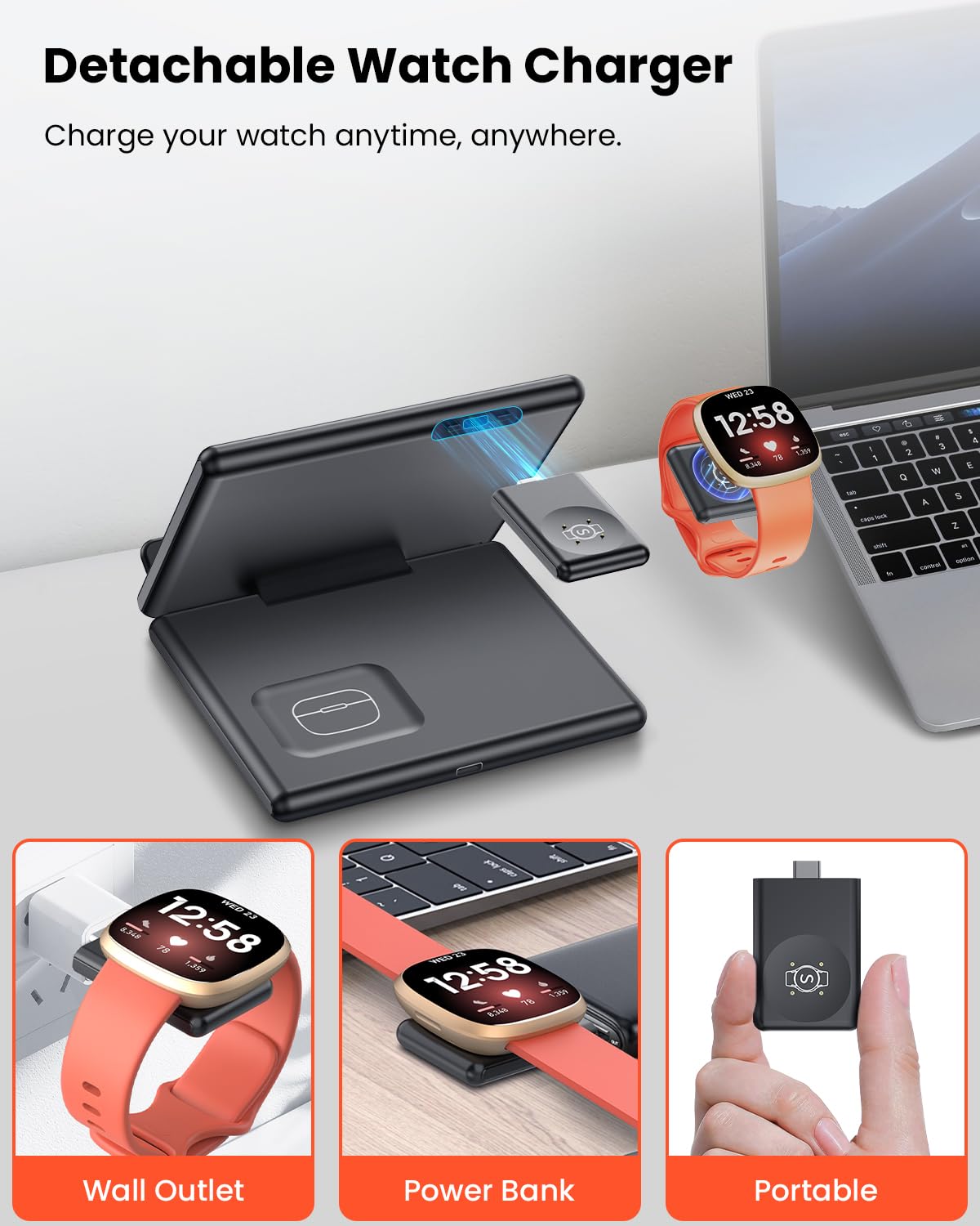 GEEKERA Station de charge inductive 3 en 1 pliable pour Samsung Z Fold/Flip - Chargeur sans fil pour Fitbit Sense/Versa - Chargeur à induction pour Galaxy Buds-Carbon - Noir