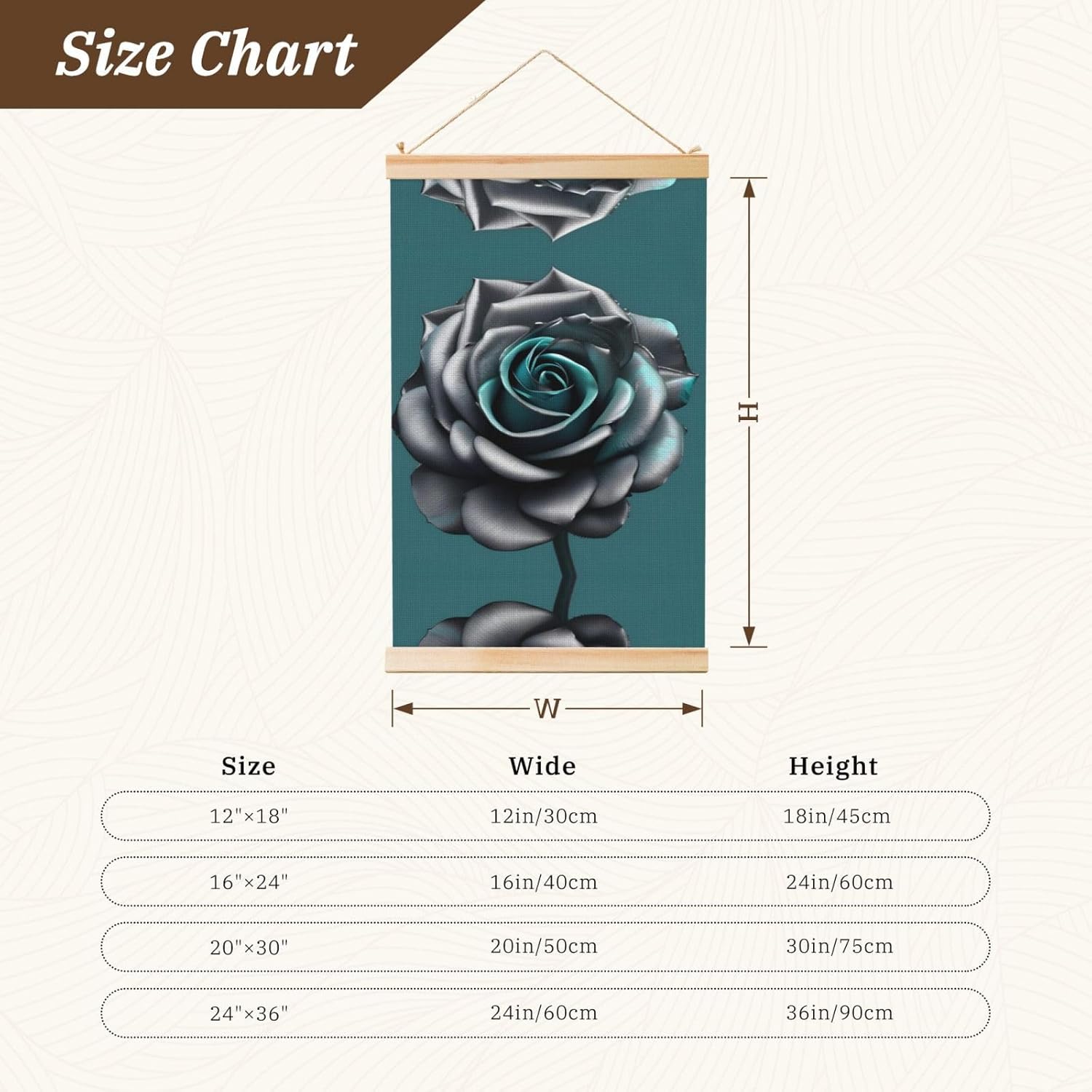 Teal Gray Rose Flower Print Poster Hanger,Hanging Poster, Poster Frame,Wood Poster Hanger, For Wall Hanging