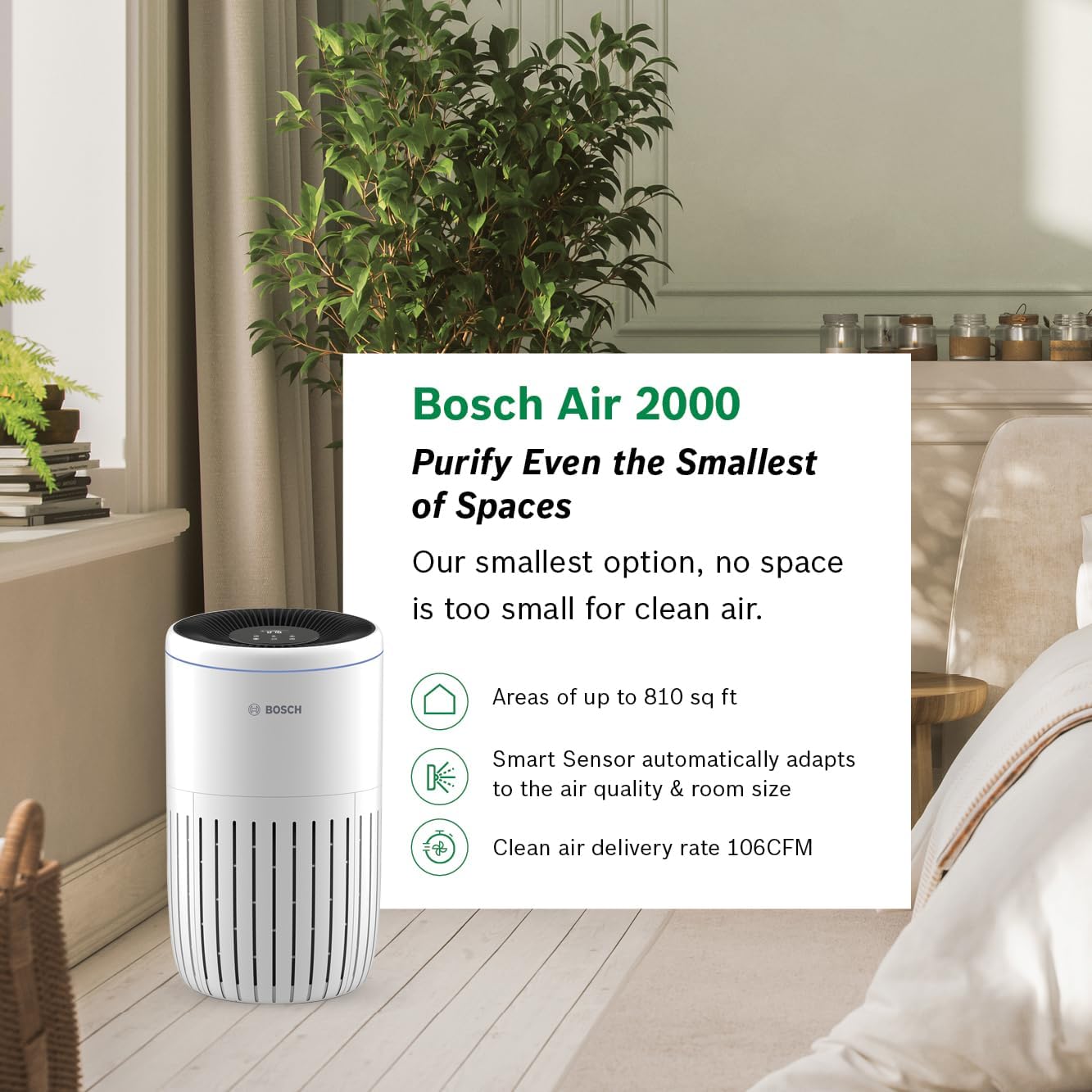 BOSCH Air Purifier for Home (Covers, 810-sq ft), 3-in-1 Filter for Pollen, Viruses, Smoke, Dust, Dander, Outdoor Pollution, Odors, HEPA, ENERGY STAR, Air 2000, White