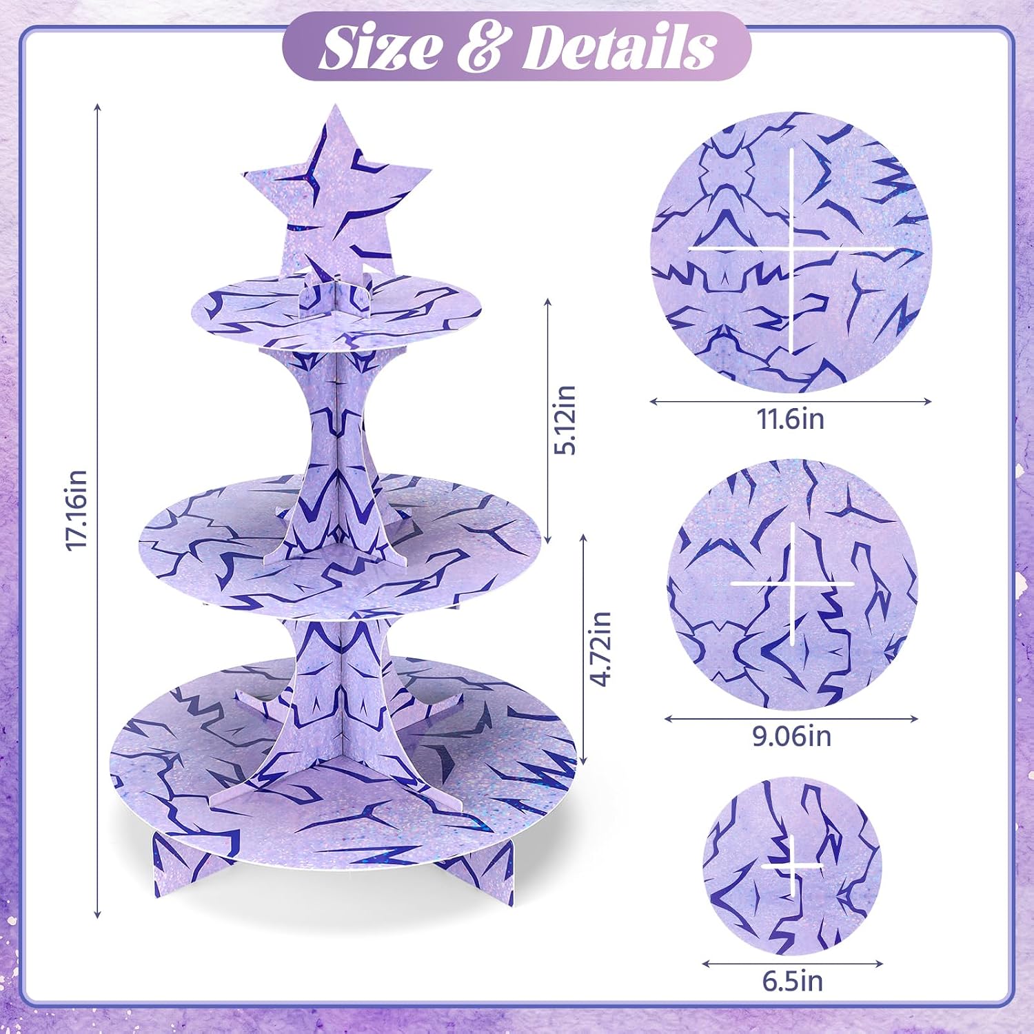 Willinglong Purple Demon Cupcake Stand 3-tier Round Cardboard Dessert Tower Theme Lightning Iridescent Holographic Reusable Cupcake Display Holder for Birthday Music Singer Disco Party Decor
