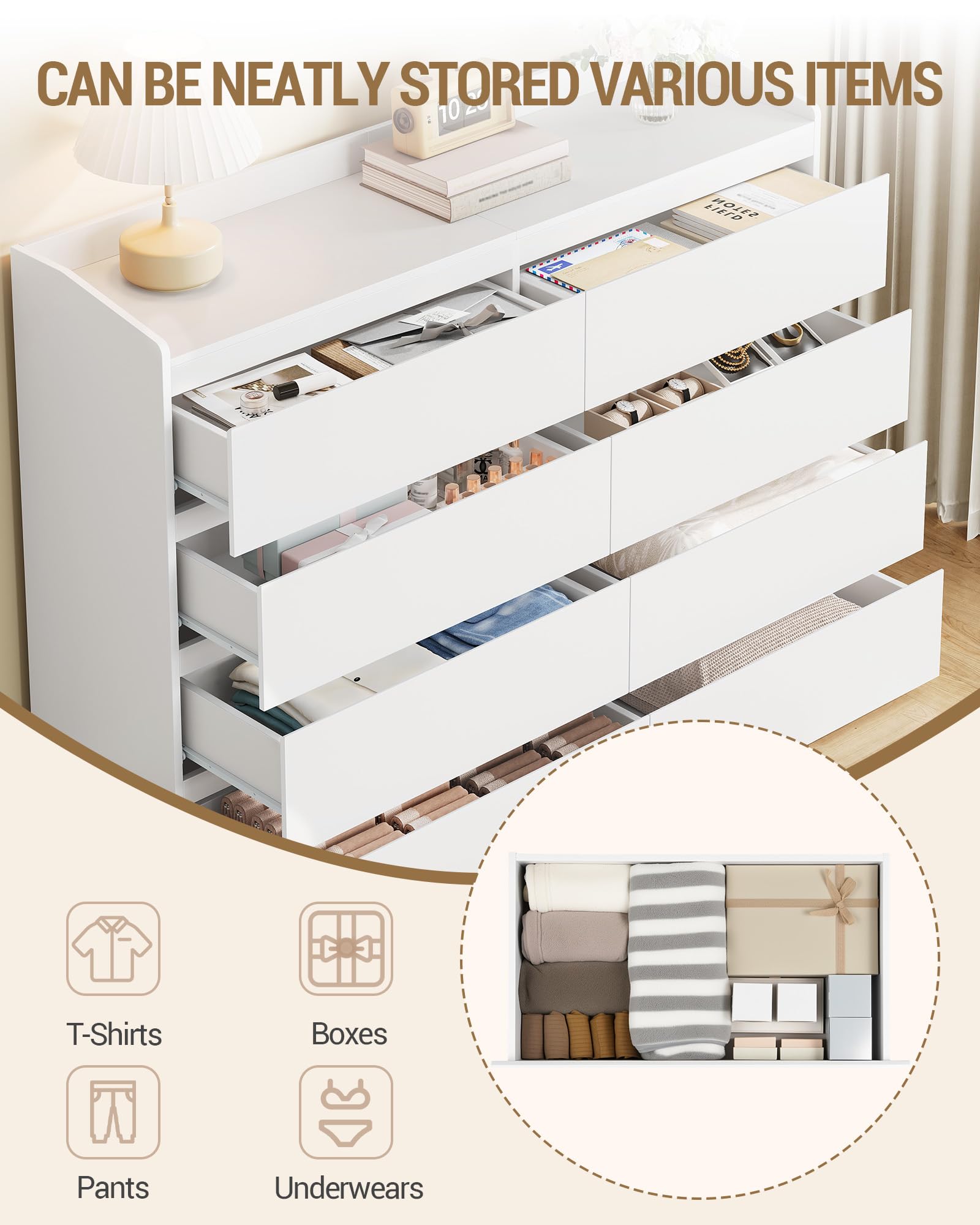 Hzuaneri Cassettiera, 8 cassetti, Mobile Laterale con Piano di Lavoro, Armadietto con Corrimano Superiore, Mobile Ingresso, Stile Moderno, Adatto per Soggiorno, Camera da Letto, Bianco DC32903X