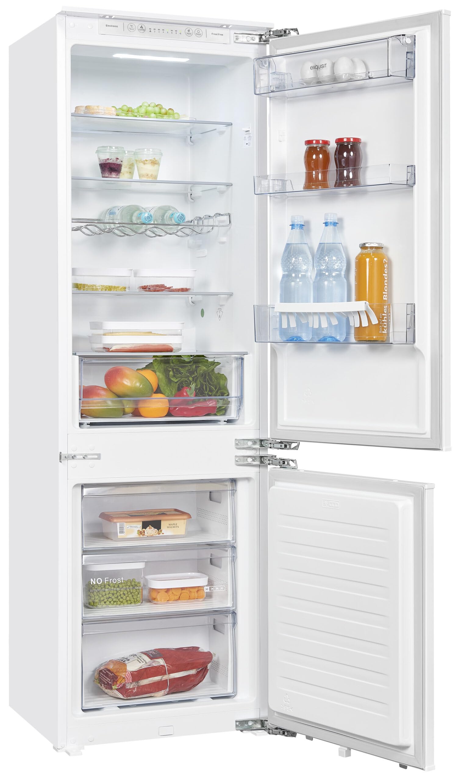 Exquisit® Frigorífico Combi, 246L, Clase E, Color Blanco, Tecnologia No-Frost, Cajón Verdulero, Puerta Reversible, Regulación con Visualización Digital, Consumo 217 kWh/año, Medidas 178,2x54x53 Cm.