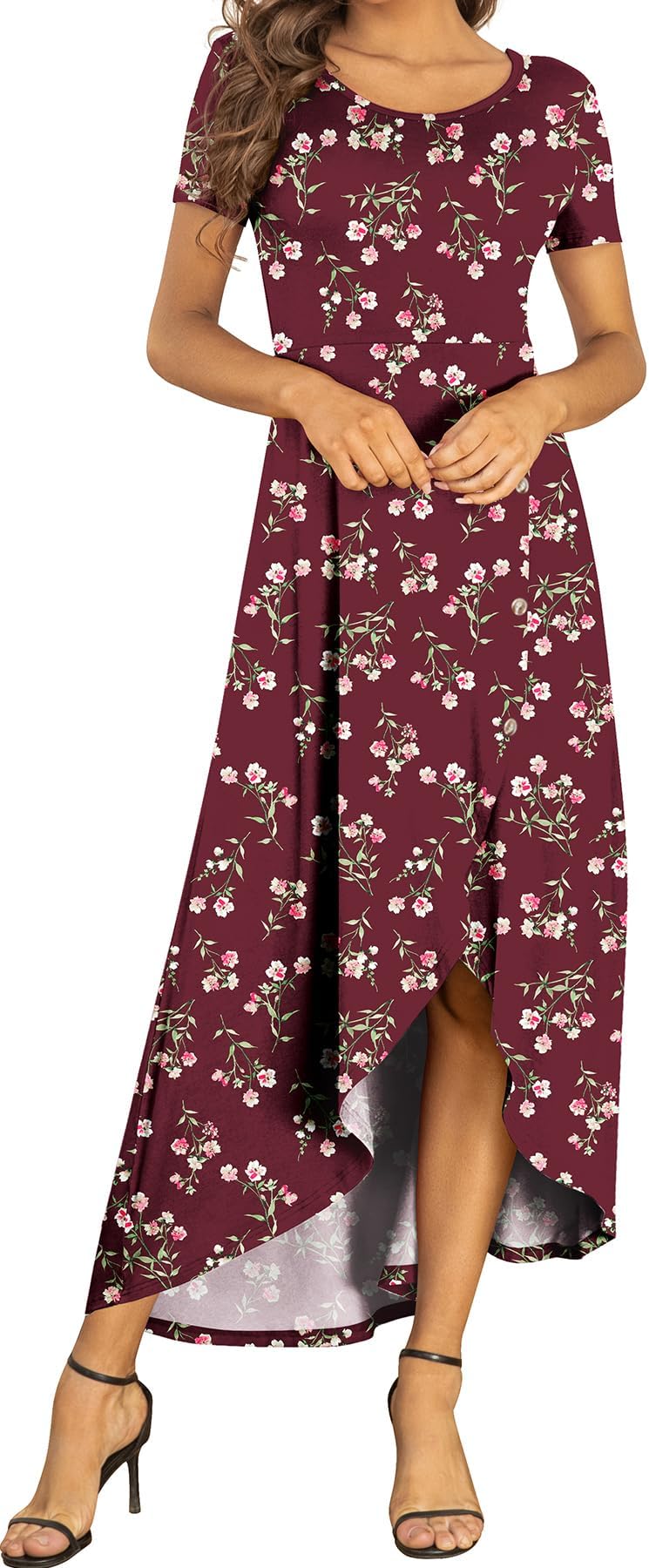 AYIFU Womens Summer Dresses High Low Slit Hem Casual Short Sleeve Maxi Dress with Buttons