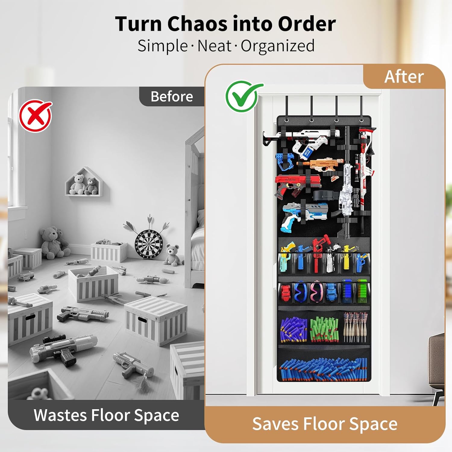 Over The Door Organizer for Toy Guns, Toys Organizer with Pockets, Hook & Loop Strap, Over Door Toy Guns Storage Organizer for Rooms, Game Rooms (Grey)