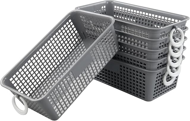 Cadineer 6 Packs Storage Basket with Handles, Plastic Grey Baskets, Small Baskets