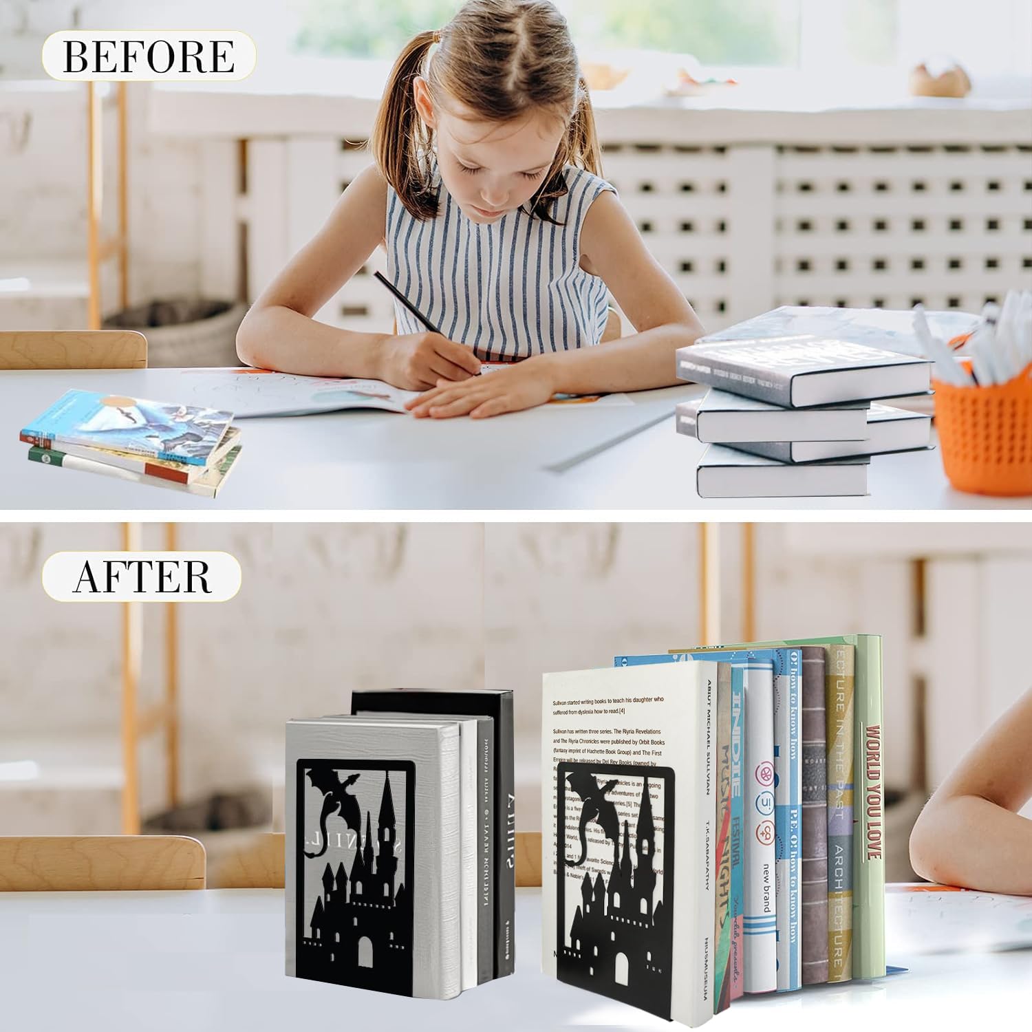 Sujetalibros Negro-Sujeta Libros Estantería de Metal-para Casa, Oficina, Infantil, Escuelas (1 Par)
