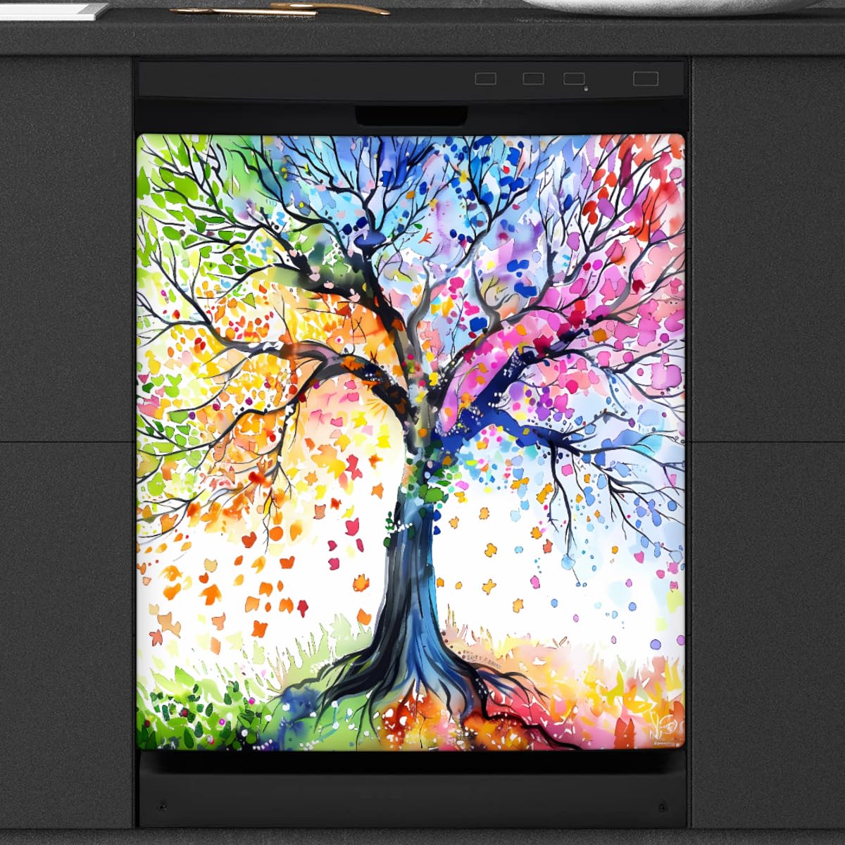Dishwasher Magnet Cover Spring Summer Fall Winter Tree Reusable Dishwasher Magnetic Cover Sticker Decorative Dish Washer Door Cover Panel for Home Kitcen Appliance