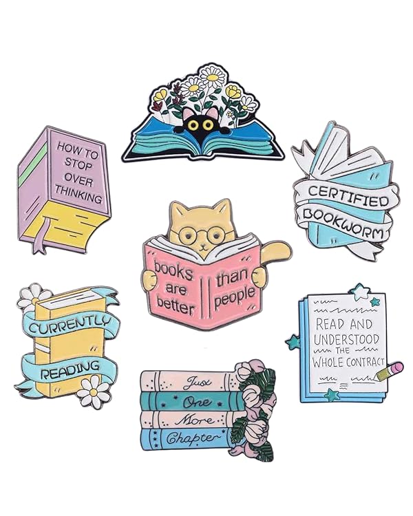 7PCS Book Enamel Pins Set - Cat Bookworm Reading Pins with Velvet Bag by FOVIUPET - Used condition - US$10.22