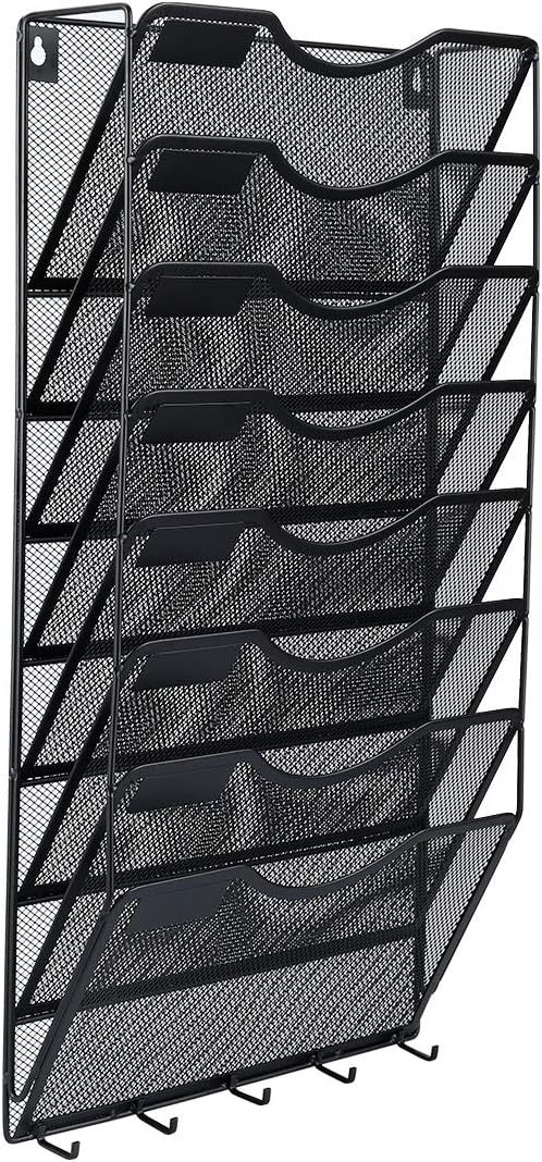 EasyPAG Mesh Metal 10 Pocket Wall File Holder Organizer Hanging Magazine Rack with 5 Key Holder Hooks,Silver : Office Products
