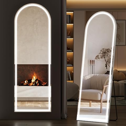 Sweetcrispy LED Arched Full Length Mirror, 63"x21" Full Body Floor Mirror | Standing Mirror with Dimming & 3 Color Lighting, Shatterproof Tempered Glass, Wall Hanging or Leaning for Home Decor, White