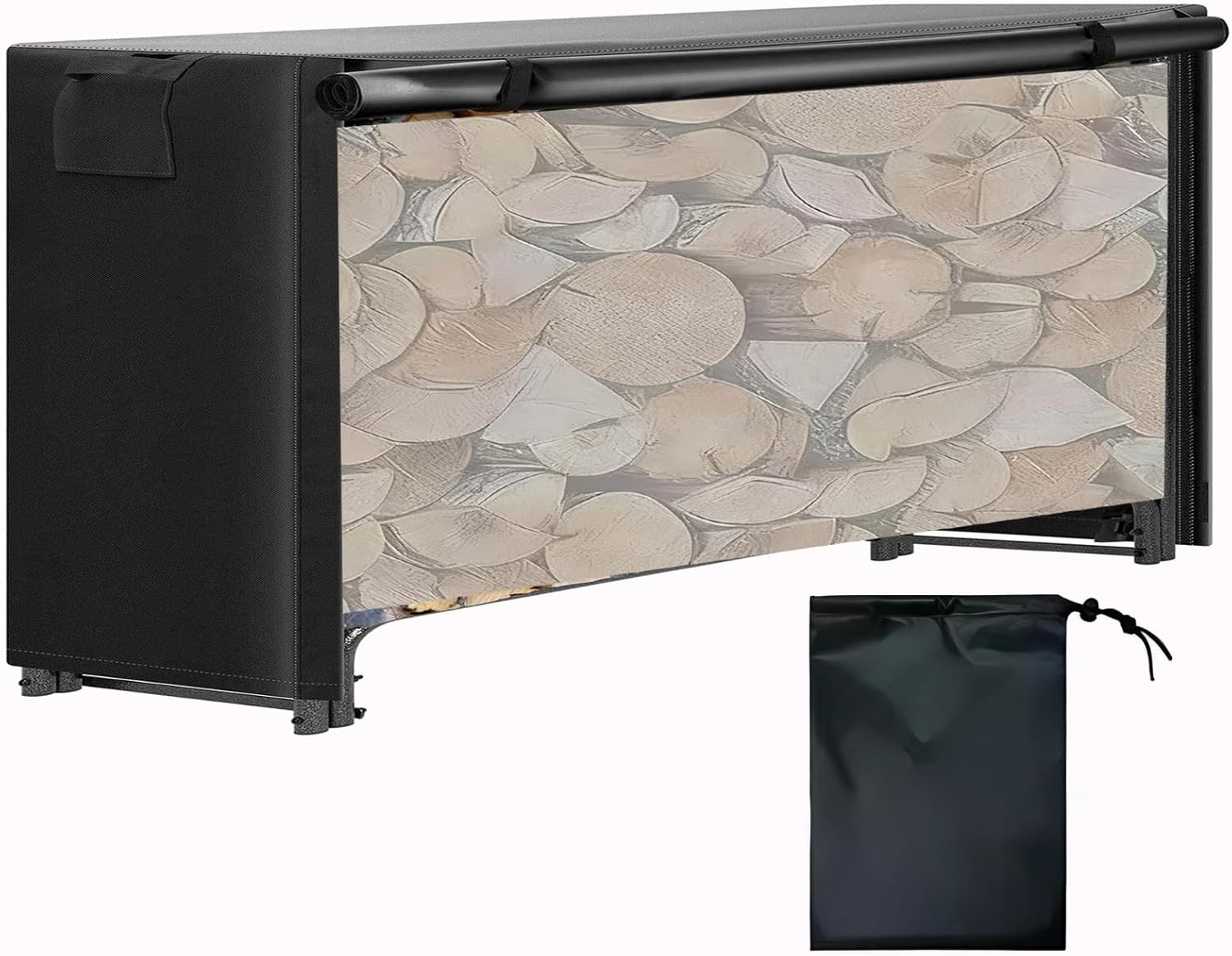 600D Oxford Waterproof Log Rack Cover, Heavy Duty Outdoor Firewood Storage Covers with Zipper and Hook Loop Tape (Log Rack not Included),Black,10FT