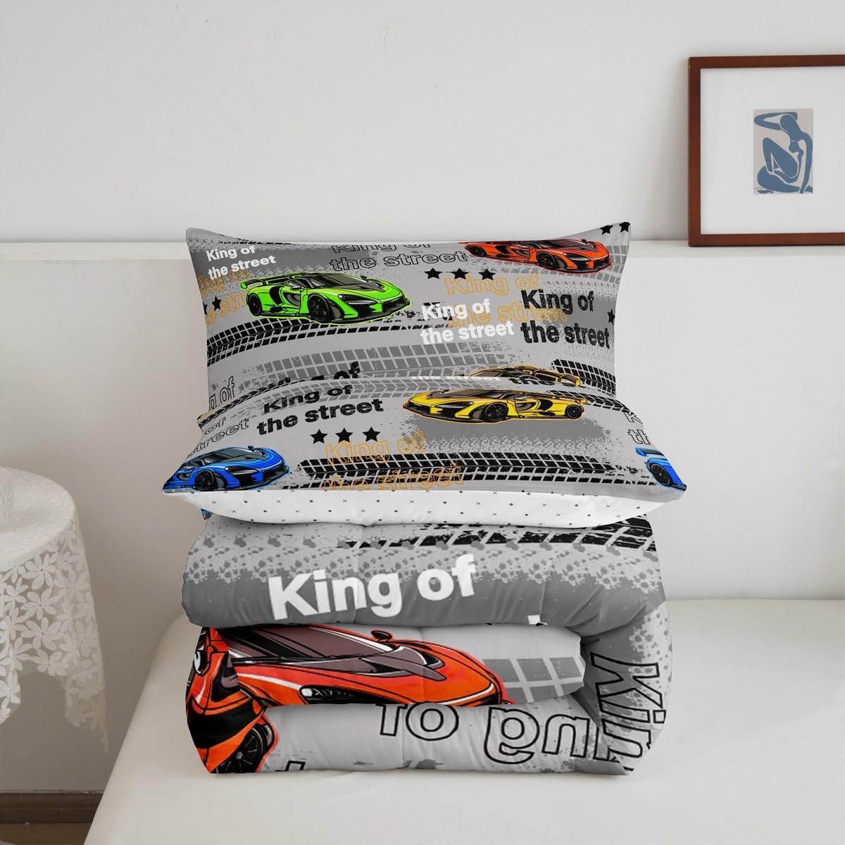 Feelyou Race Car Comforter Set Full Size Kids Speed Sports Car Bedding Set for Boys Girls Teens Racing Car Comforter Breathable Extreme Sports Duvet Set Wheel Print Quilt Set