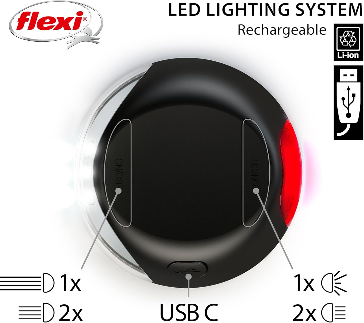 Flexi - CFNZLS-551-S - LED Lighting System - for New Classic & New Comfort leashes - with Strong Front and Rear Flashing LED Light - Black
