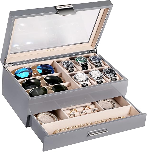 LANDICI Watch Box Jewellery Organiser for Men Women, Luxury Piano Paint Large Wooden Watch Display Case with 6 Slot Watches Holder, 3 Slot Sunglasses Case, Jewelry Storage Box Drawer, Grey