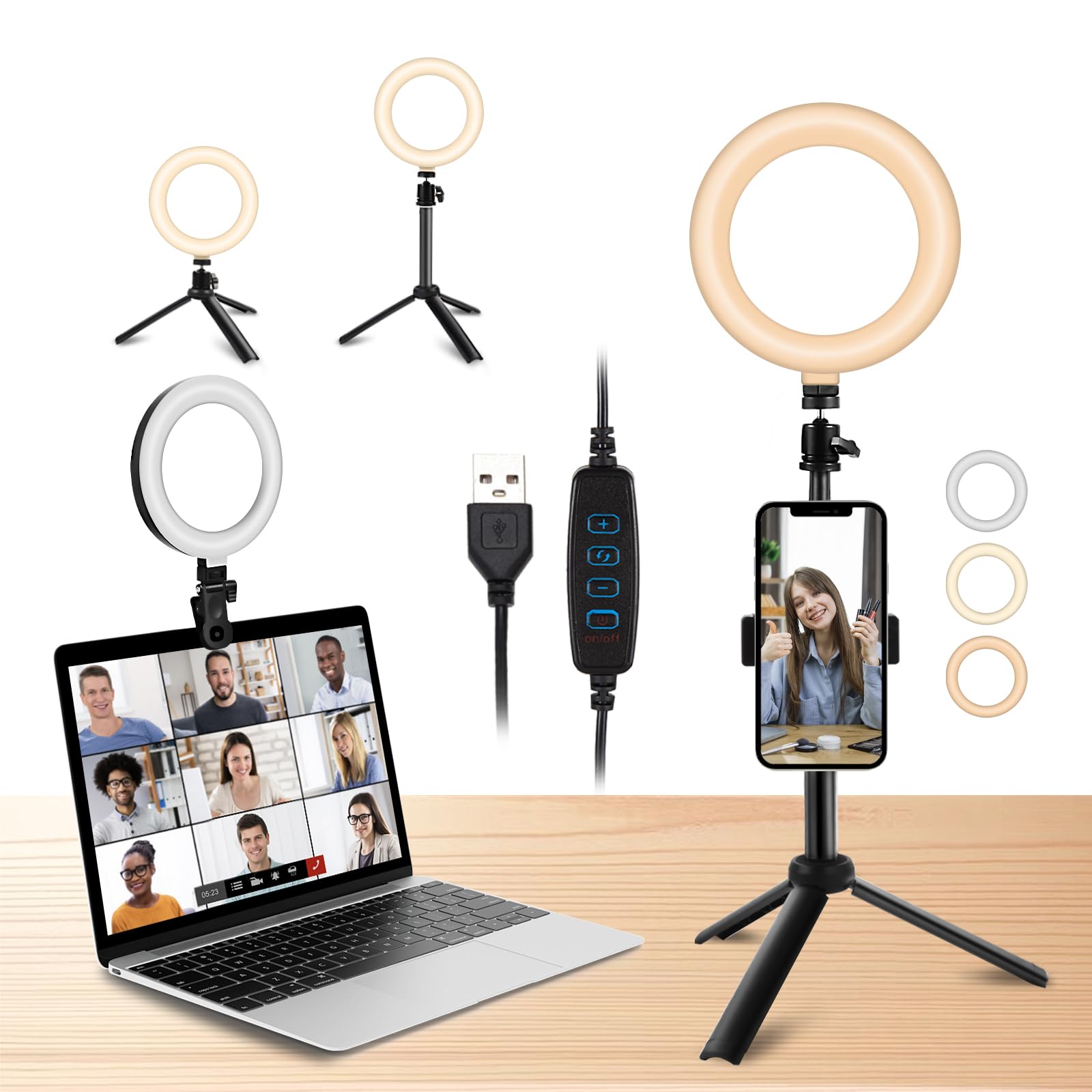 Railee Ring Light 6" LED Luce Selfie Videoconferenza con Treppiede Telefono 3 Modi