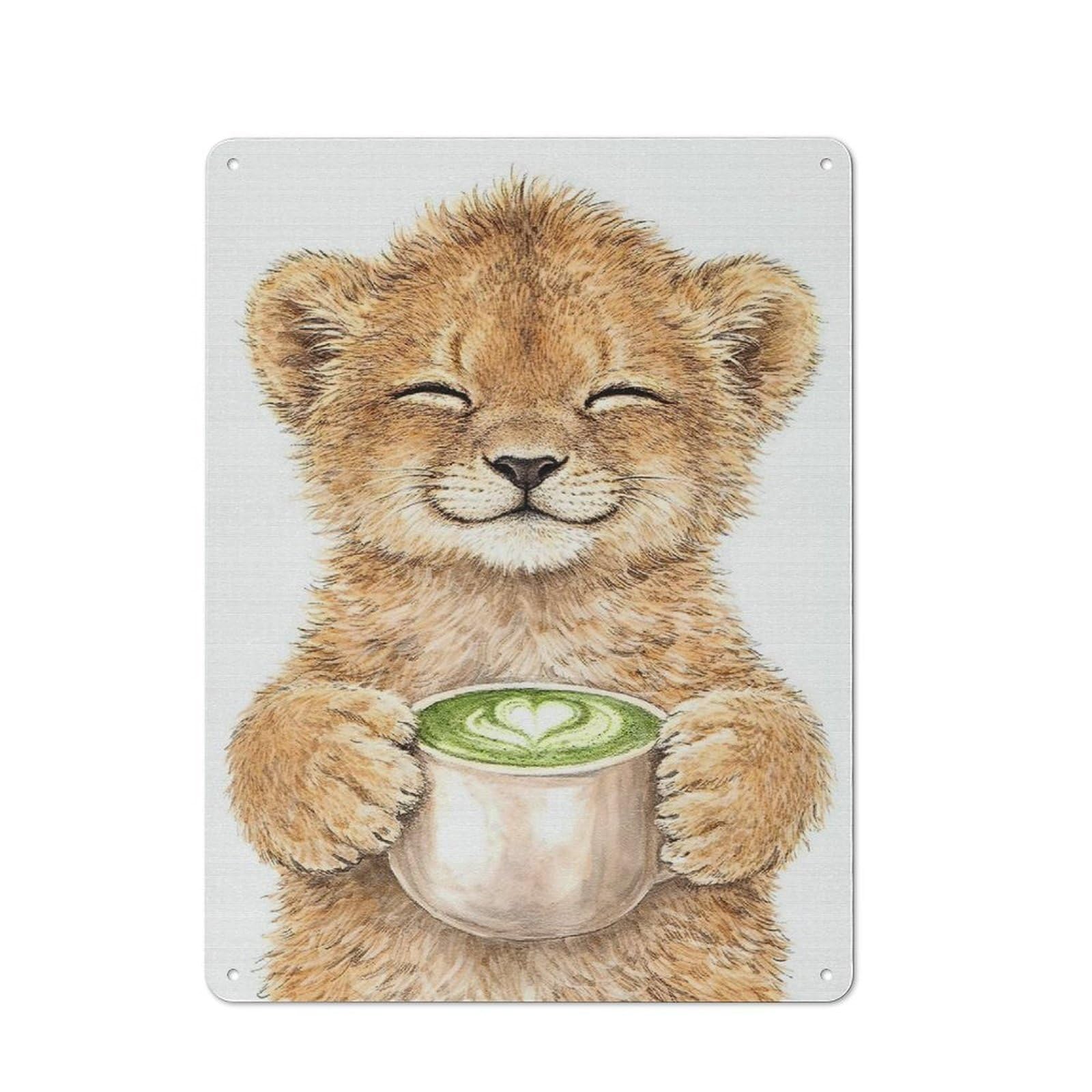 Junmoney Style-9 Cute Lion Cub With Matcha Latte Tin Wall Sign 40X30cm, Country Style Bistro Wall Plaque For Coffee Bar, Kitchen, Bistro Or Tea Corner