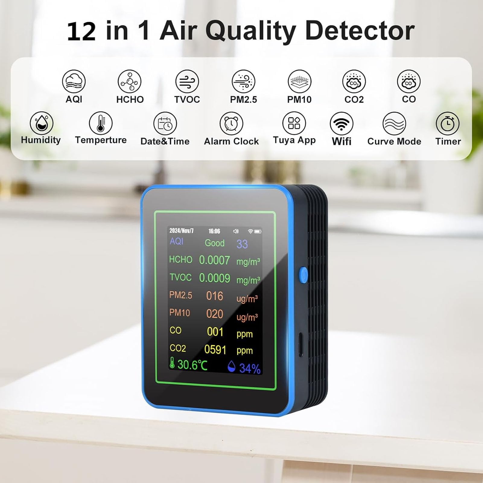 Miernik jakości powietrza 12 w 1, inteligentny czujnik, zasilanie bateryjne, Wi-Fi, CO2, TVOC, HCHO, temperatura, wilgotność, czas, wyświetlacz (Nero e blu)