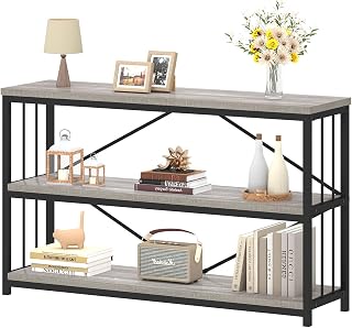 IBF Niedriges Bücherregal mit 3 Etageren, industriell, modern, kurz, horizontal, schlicht, offen, rustikales Bücherregal aus Metall und Holz, für Schlafzimmer, Wohnzimmer, Zuhause, Büro, Aufbewahrung,