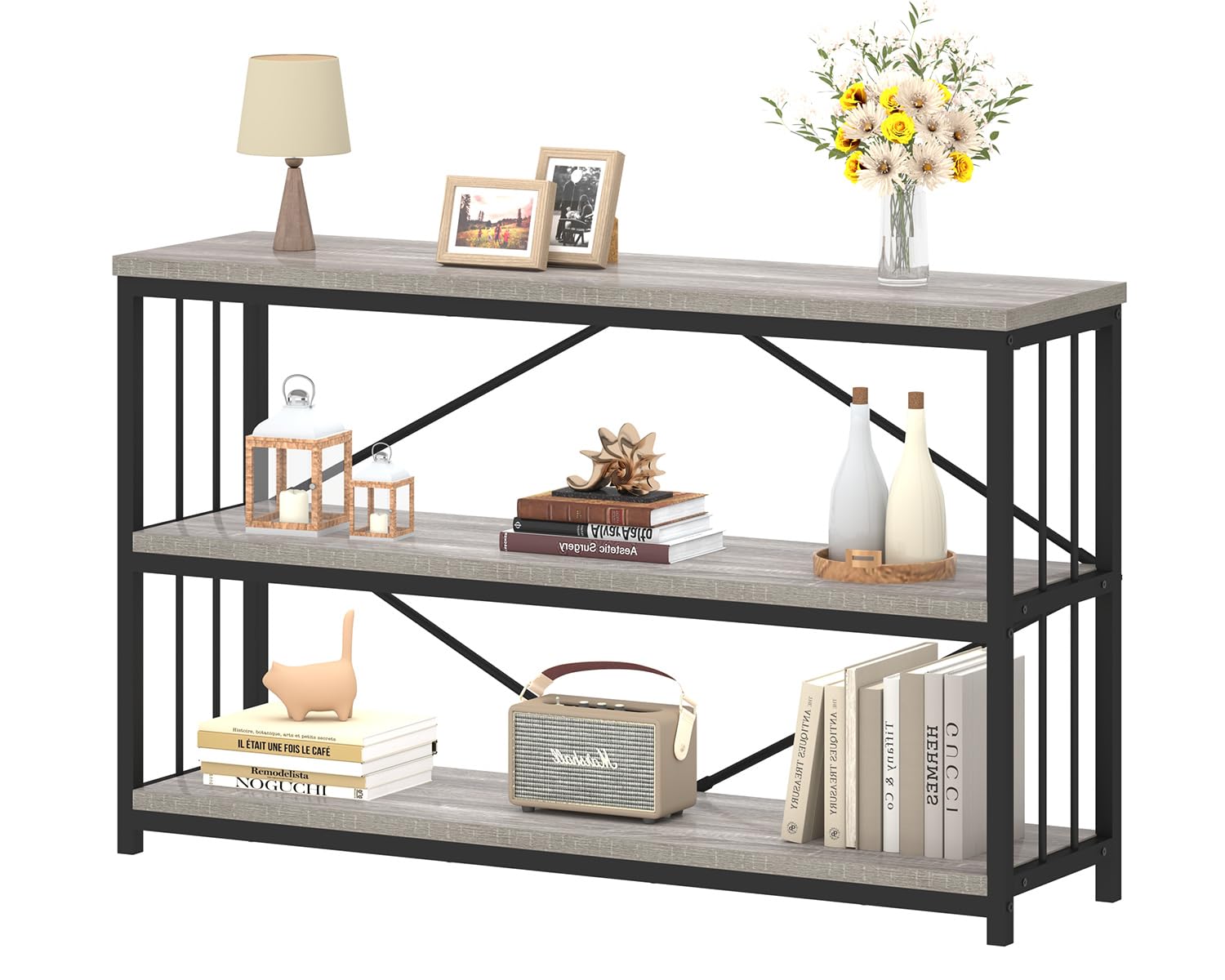 IBF 47" Gray 3 Tier Low Bookcase,Industrial Modern Short Horizontal Etagere Bookshelf, Simple Wide Open Rustic Metal and Wooden Book Shelf for Bedroom Living Room Home Office Storage, Light Grey Oak