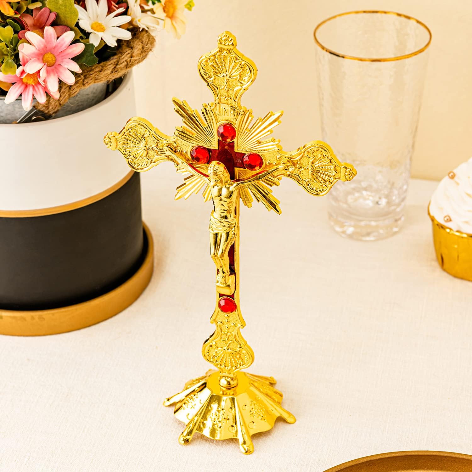 Calculs Metal Jesus Crucifix Table Cross - Catholic Table Cross With Stand For Christian Prayers Jerusalem Home Decor 10" Gold - Image 3