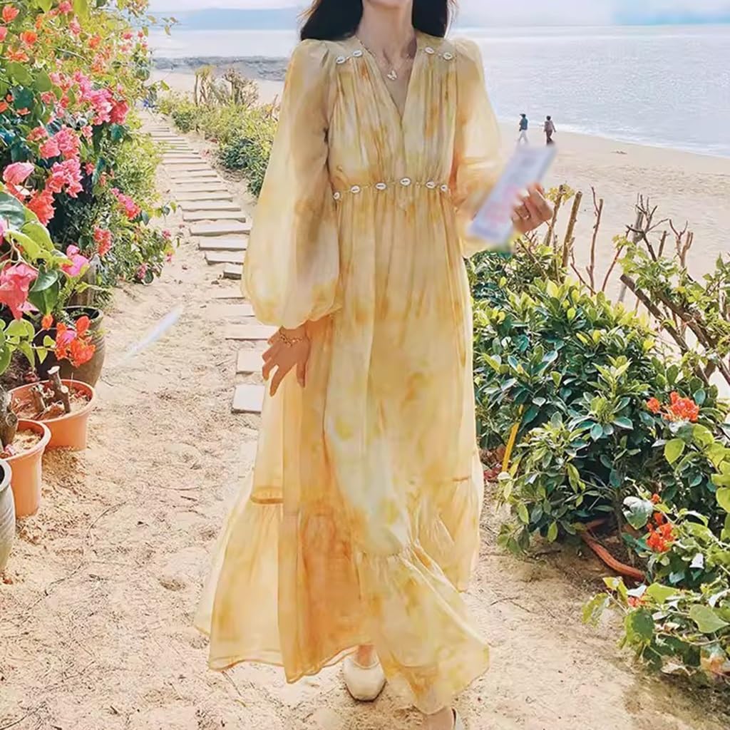 Abito Donna Francese con Stampa Ombre, Abito Lungo da Spiaggia con Volant E Scollo A V Primavera/Estate, Maniche A Palloncino/Vita Alta