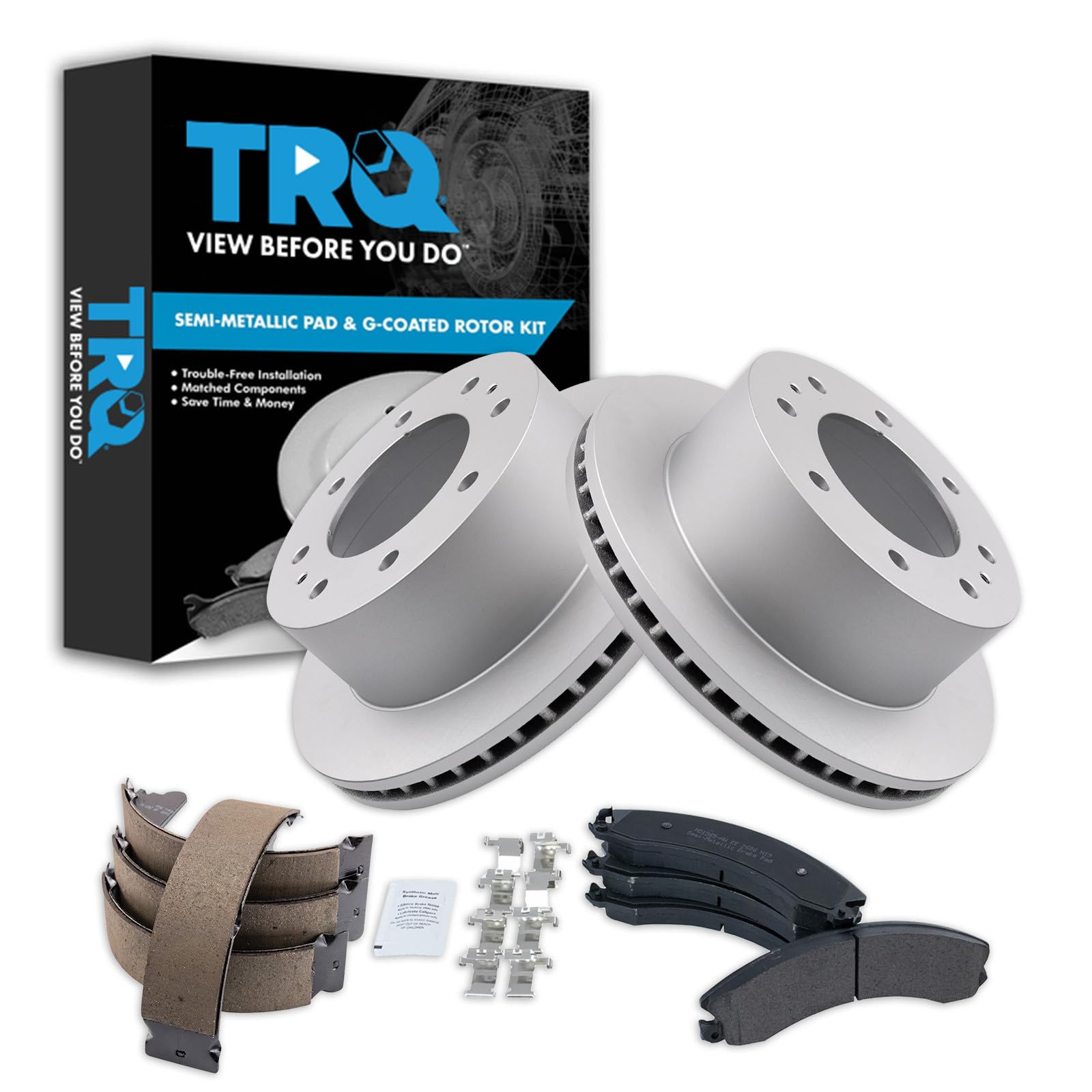 TRQ Rear Brake Pad &amp; Rotor Kit Premium G-Coated Semi-Metallic Compatible with 2016-2019 Chevrolet Suburban 3500 HD