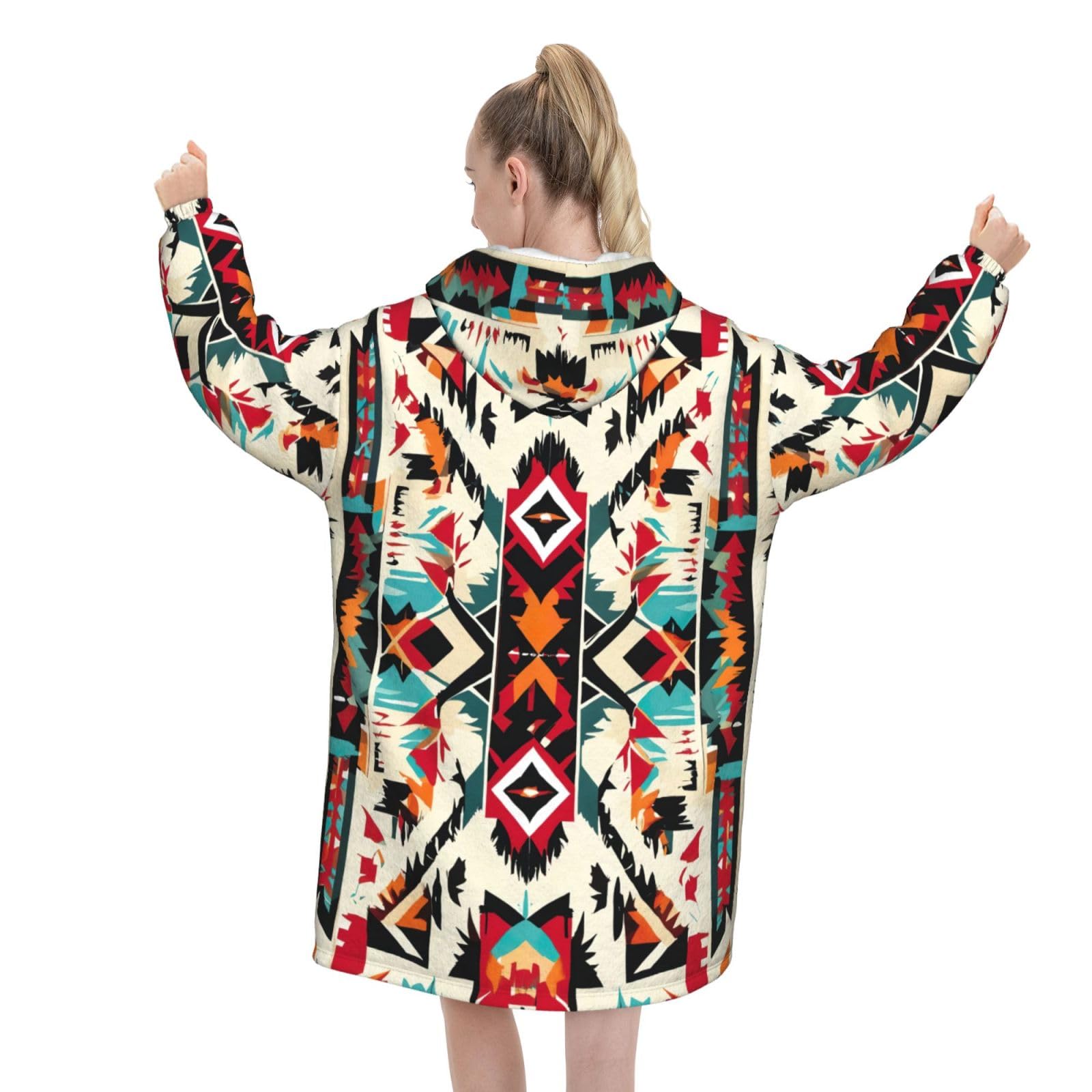 Native American wzór nadruk ciepły i przytulny koc do noszenia, gruby flanelowy koc z kapturem z rękawami i ogromną kieszenią