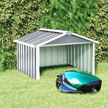 Grey Galvanized Steel Garden Shed Outdoor Storage for Robot Lawnmower Weather Protection Durable Rectangular Design 36.2x36.2x24.8 Inches