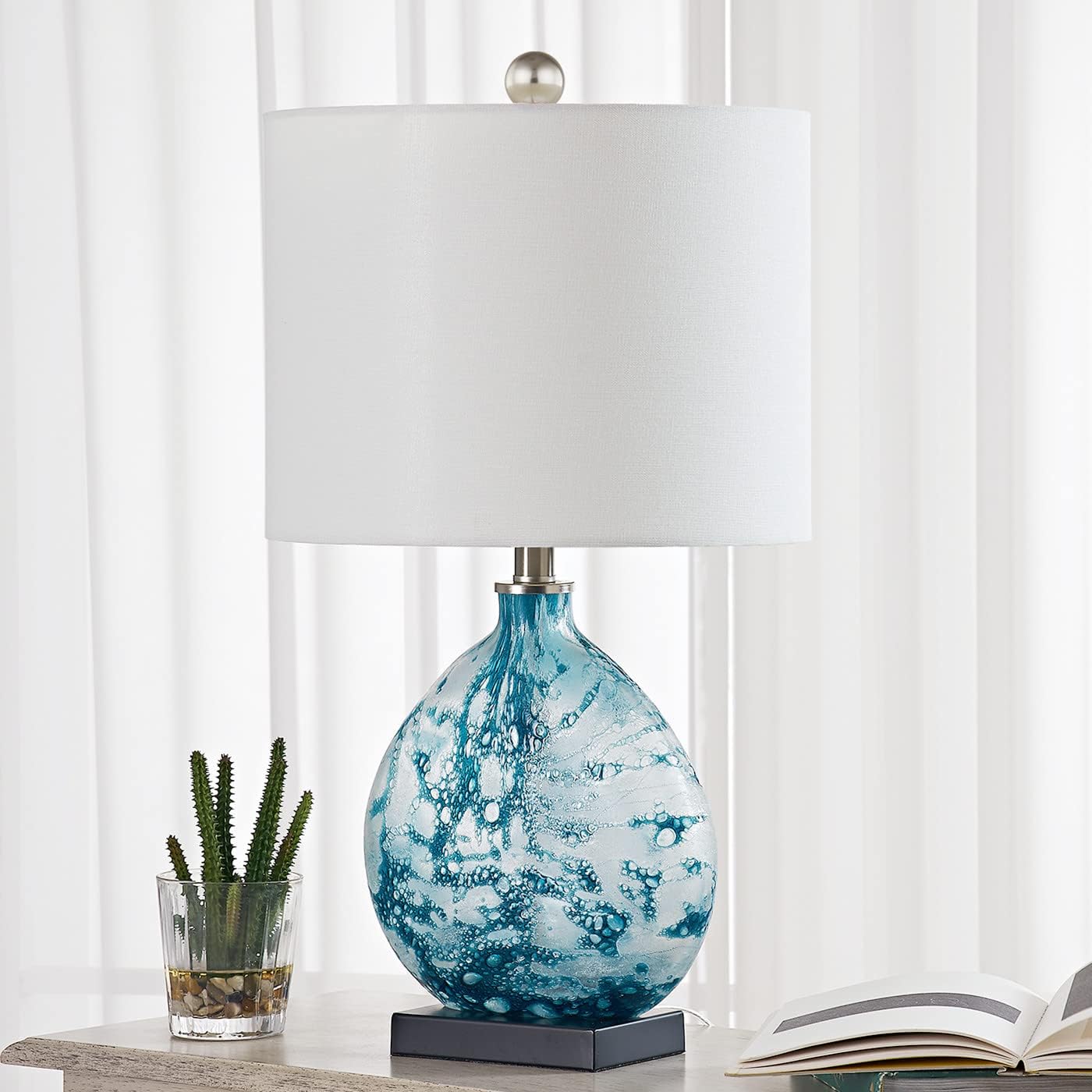 Maxax 24" Coastal Glass Table Lamp, 3-Way Dimmable Blue Glass Bedside Lamp with White Drum Shade for Living Room Bedroom Nightstand