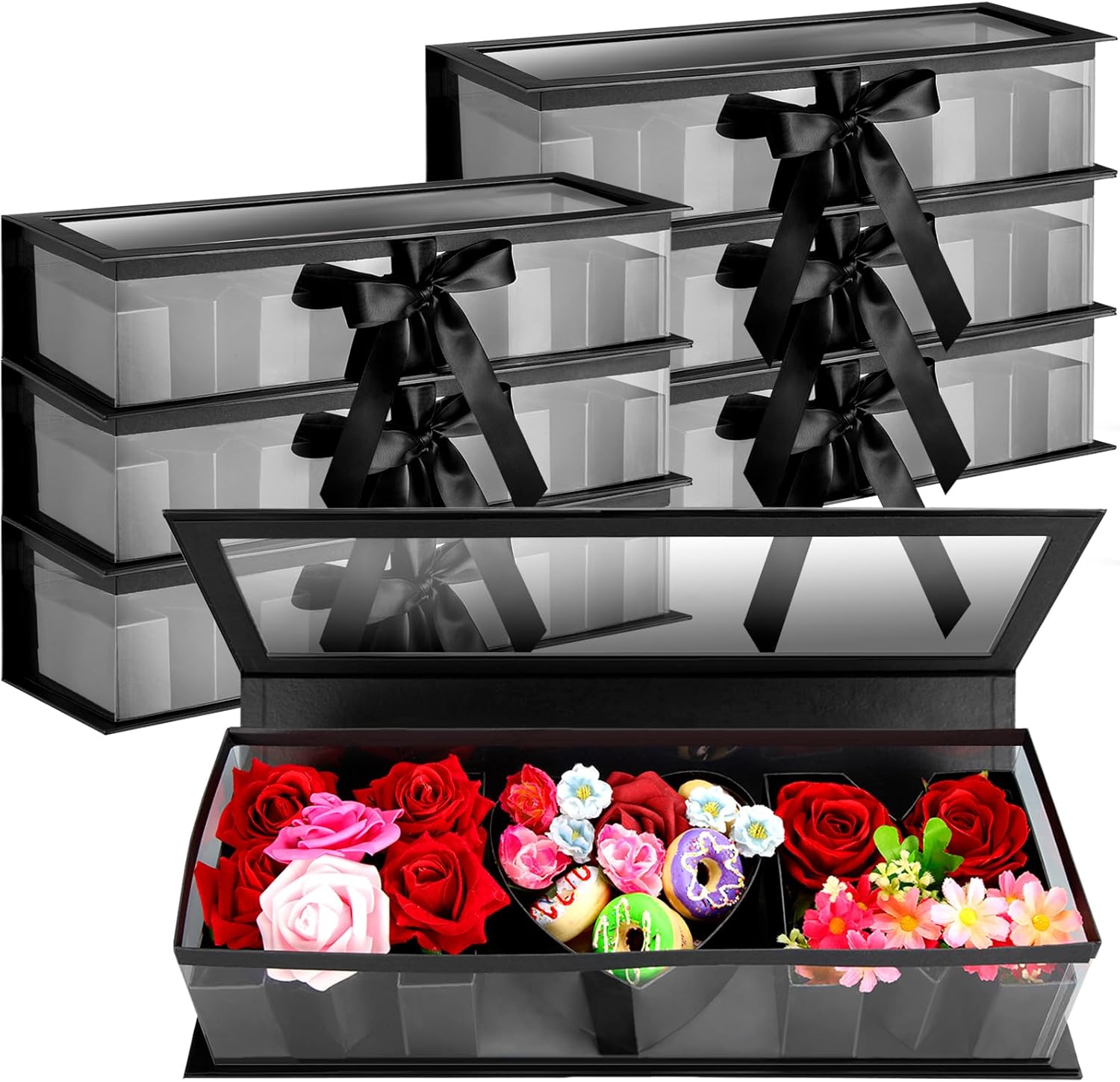 Weekgrat 6 Pcs Mother's Day Gift Empty Mom Fillable Flower Gift Boxes Cardboard Heart Shaped Letter Boxes with Clear Window for Mother Grandma Stepmother(Black,Mom)