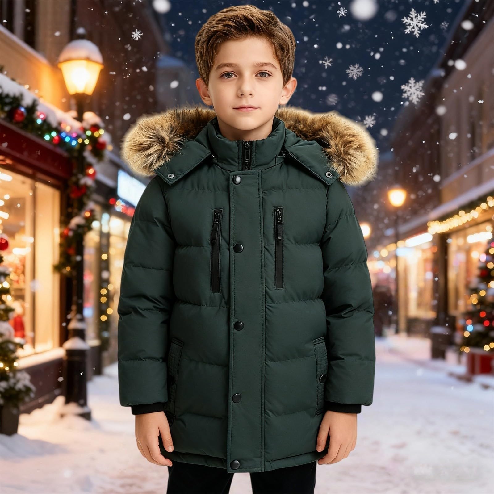 Piumino per bambini con cappuccio in pelliccia e tasche, tinta unita, giacca invernale, impermeabile, comodo, morbido, giacca a vento, giacca con cappuccio, leggera, alla moda, per attività all'aria
