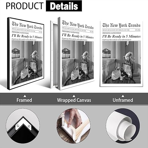 Miniatura 2 de Arte de pared vintage de periódico blanco y negro con texto en inglés "I'Ll Be Ready In 5 Minutes", carteles feministas con estilo de chica