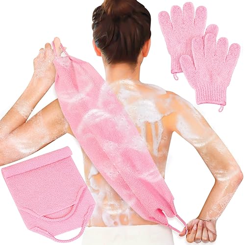 Anezus Juego de guantes de baño exfoliantes para la espalda, para cuerpo, cara, ducha, baño, exfoliante y exfoliante (rosa) Anezus Juego de guantes de baño exfoliantes para la espalda, para cuerpo, cara, ducha, baño, exfoliante y exfoliante (rosa)