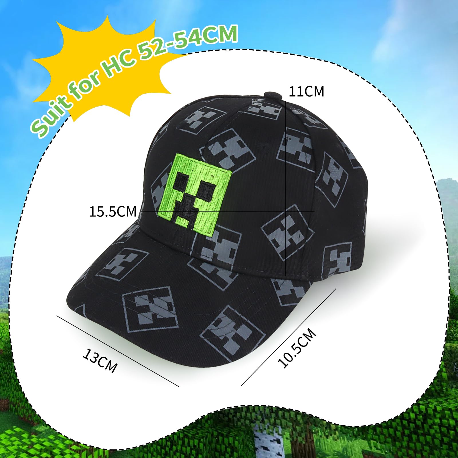 Cartoon Baseball Cap Kinder Snapback Kappe, Jungen Baseballmütze Sonnenmütze, Miner Outdoor Sports Casual Baseballmütze, Pixelig Grid Sonnenhut