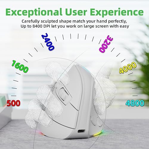 Vista 5 de Ratón ergonómico vertical inalámbrico recargable RGB de 2.4G y BT 5.1, 5 botones laterales, máximo 8400 DPI, para PC, portátil, para Windows 11 10