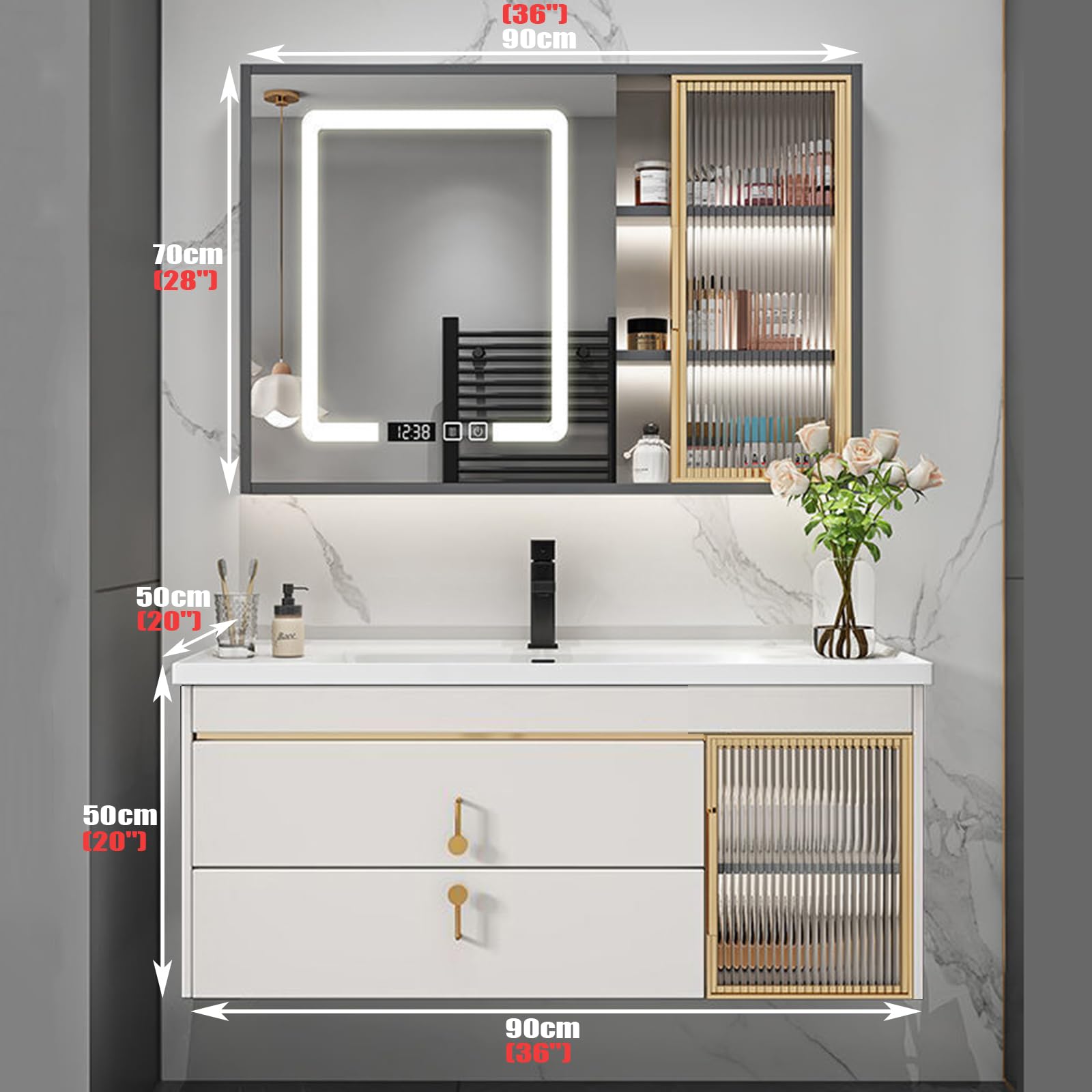 Set di Mobili da Bagno con Lavabo in Ceramica, Armadietto A Specchio, Set di Mobili da Bagno Lavabo con MobilettoWhite,90cm/36in